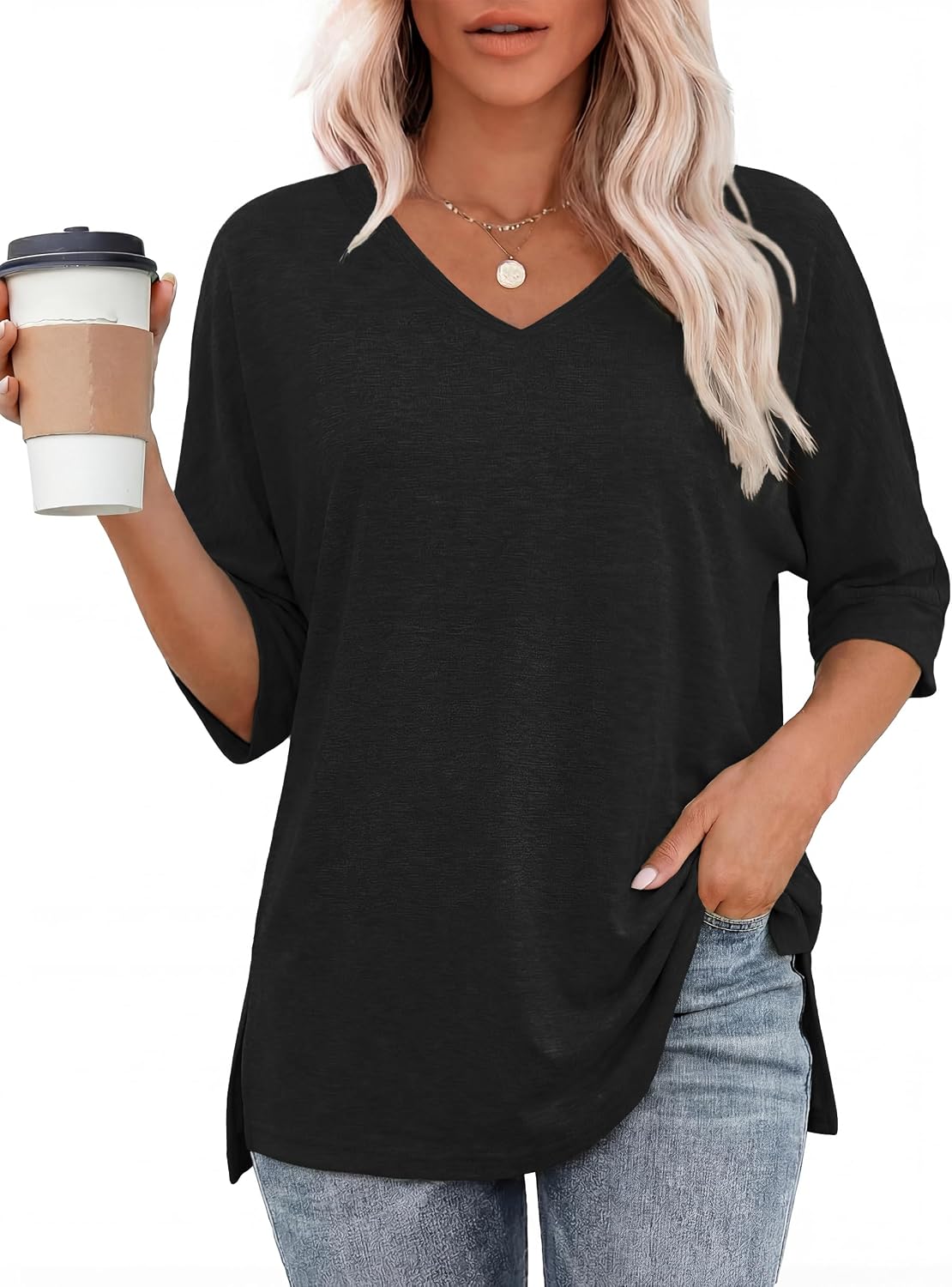 Totatuit Womens Oversized Tee Shirts Short Sleeve V Neck Blouse Side Slit Basic Tshirts Loose Fit Tunic Tops