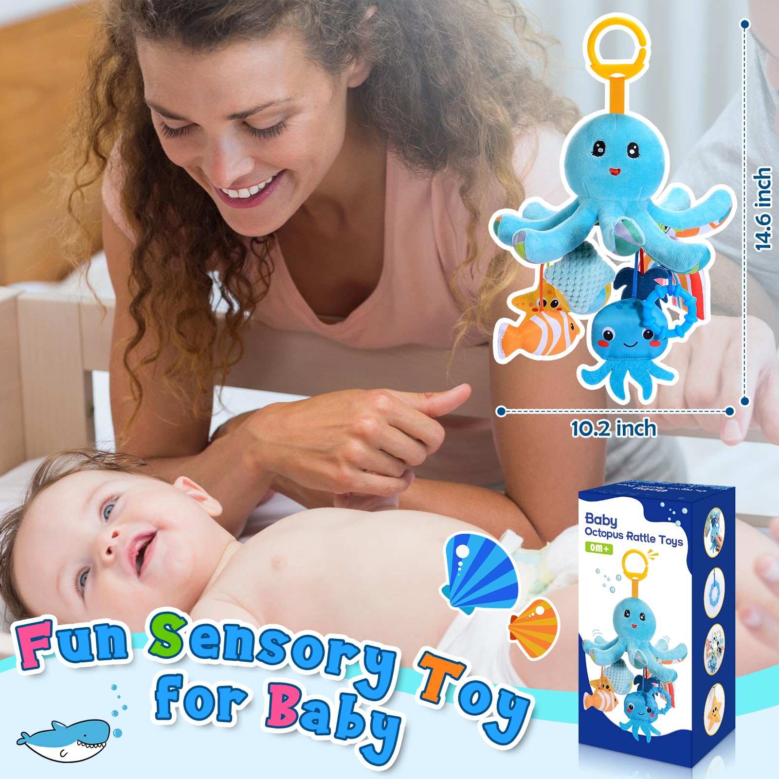 HappyKidsClub Pluszowa ośmiornica dla niemowląt w wieku 0-18 miesięcy – z 8 wiszącymi zabawkami sensorycznymi i lusterkiem – zabawka motoryczna Baby Montessori do wózka dziecięcego (nadaje się do