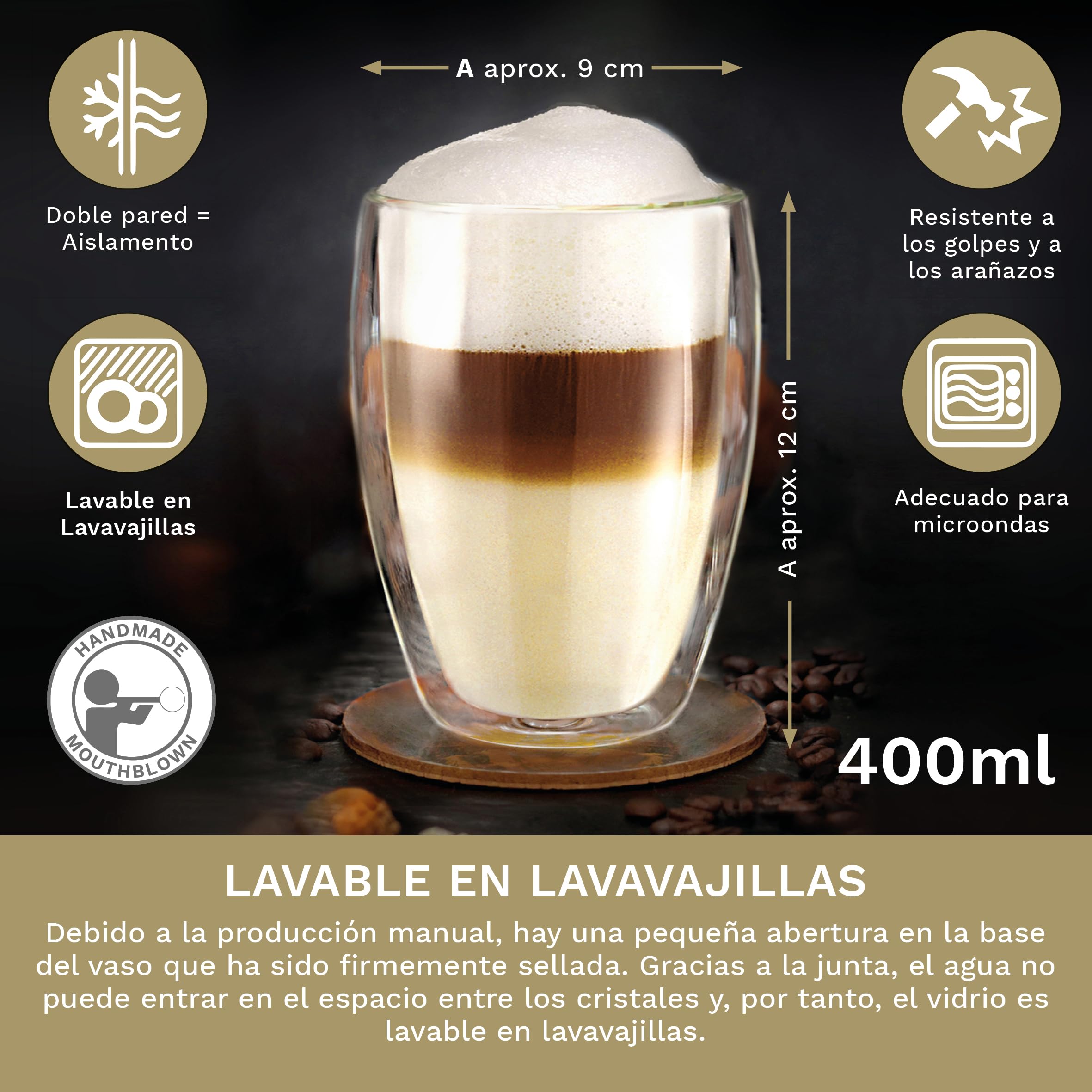 Creano Vasos de Doble Pared XXL „Modelo Estilizado“ de Vidrio de Borosilicato Aislantes para Café y Té 400ml – Juego de 6 Vasos