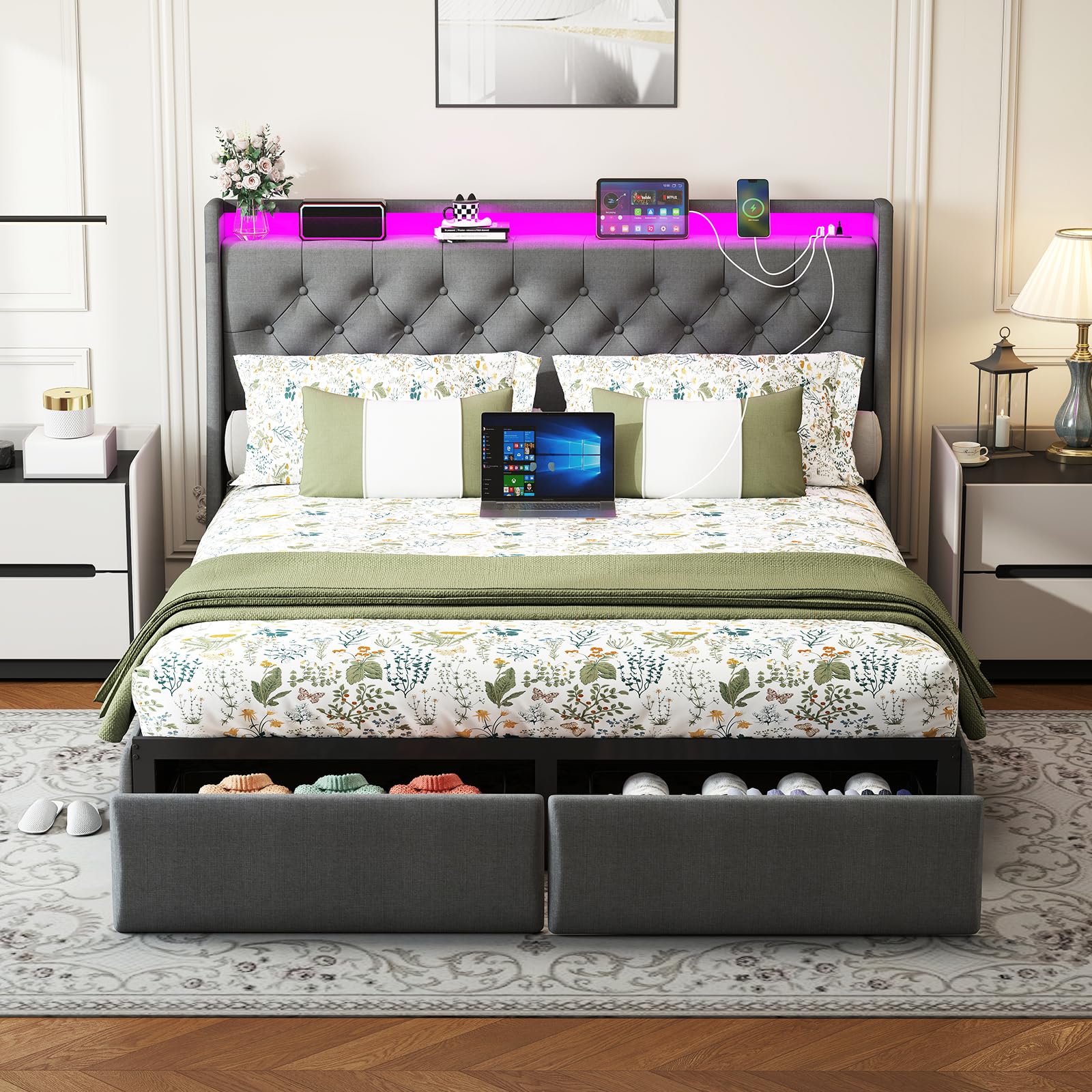 Queen Bed Frame with 2 Storage Drawers, Platform Bed Frame Queen Size with LED Light, Upholstered Headboard, Charging Station, Steel Slat Support, No Box Spring Needed, Noise-Free, Easy Assembly, Gray: Full Button Tuffed & 2 Drawers