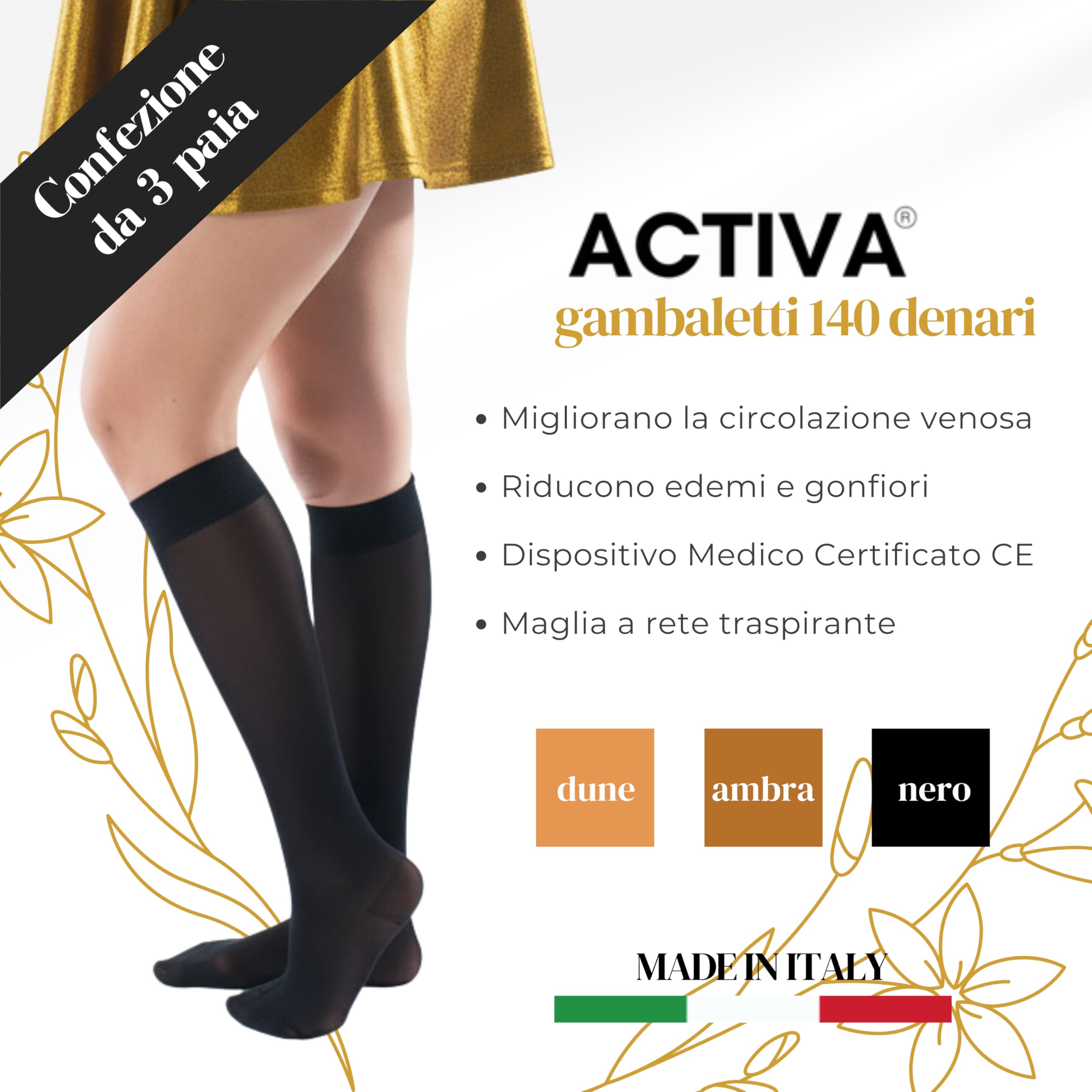 ACTIVA – Pack 3 Gambaletti Donna 140 Denari a Compressione Graduata Classe 1 (16-19 mmHg) – Calze Riposanti Elastiche Made in Italy