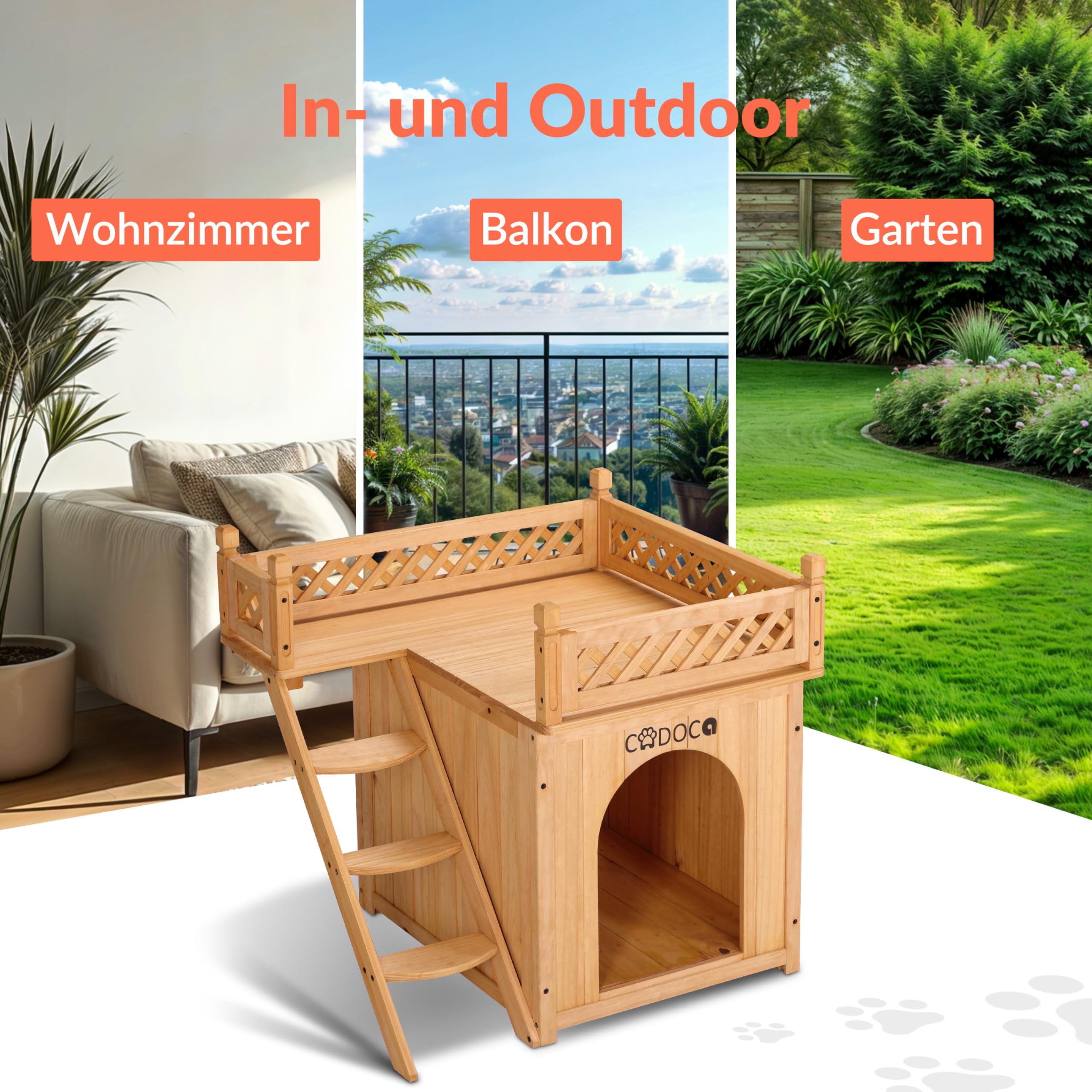 CADOCA® Tierhaus FSC®-Zertifiziert Kiefer 65x55x54cm 2-stöckig Treppe Sonnenterrasse Katzenhaus Katzenhütte Hundehütte Katzenvilla Lodge Balkon
