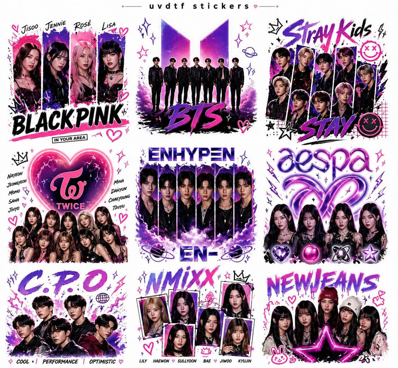 Kpop UV DTF Cup Wraps Transfer Stickers, 2.5x2.5 Inch, Waterproof Decals for Mugs, Water Bottles, Laptops, Pack of 6
