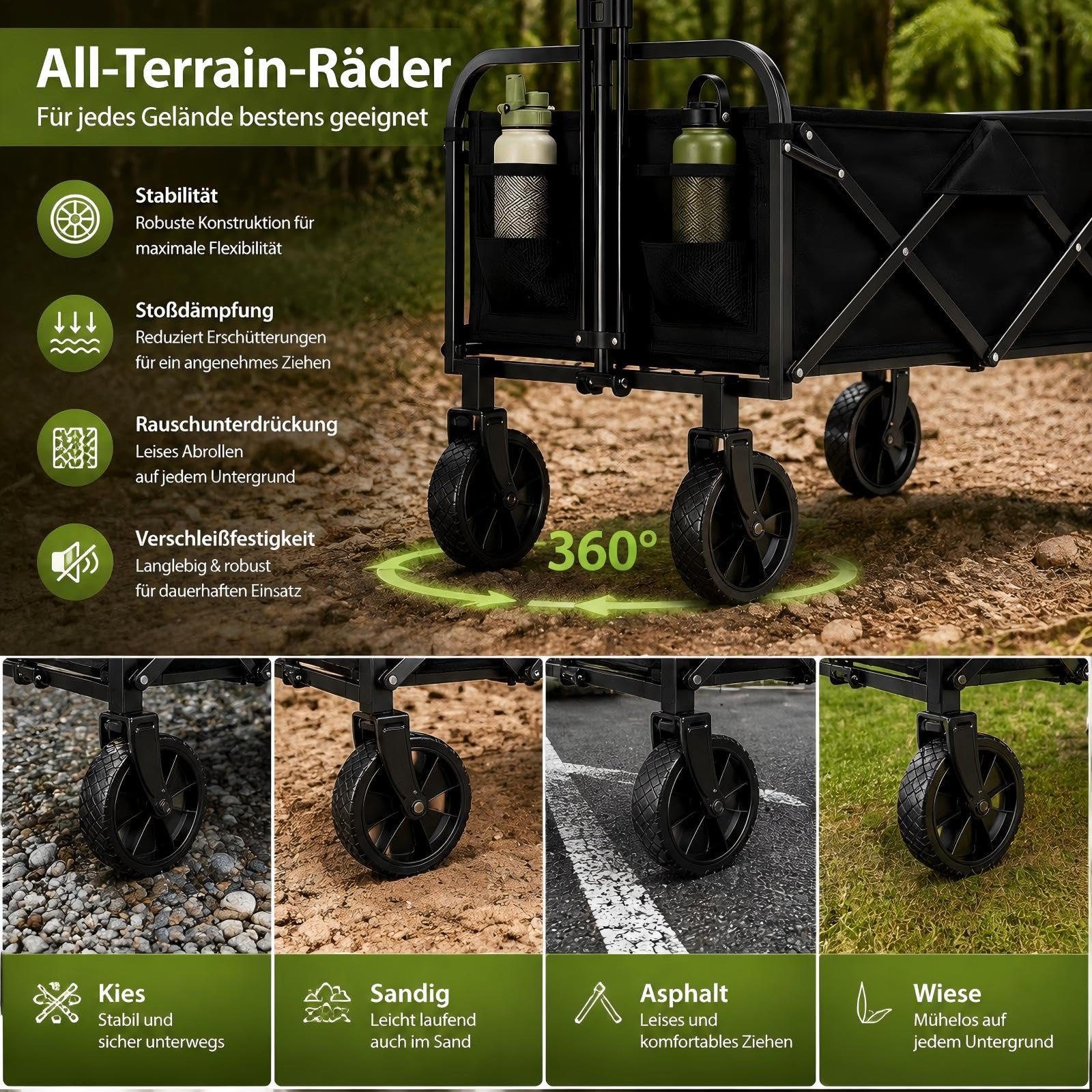 Zstar Bollerwagen Faltbar 220L, 73 x 46,5 x 89,5 cm, Handwagen mit 180 kg Tragkraft, 360° Geländerädern, Verstellbarem Griff, 600D Oxford-Gewebe, für Camping, Garten, Strand und Einkäufe, Schwarz