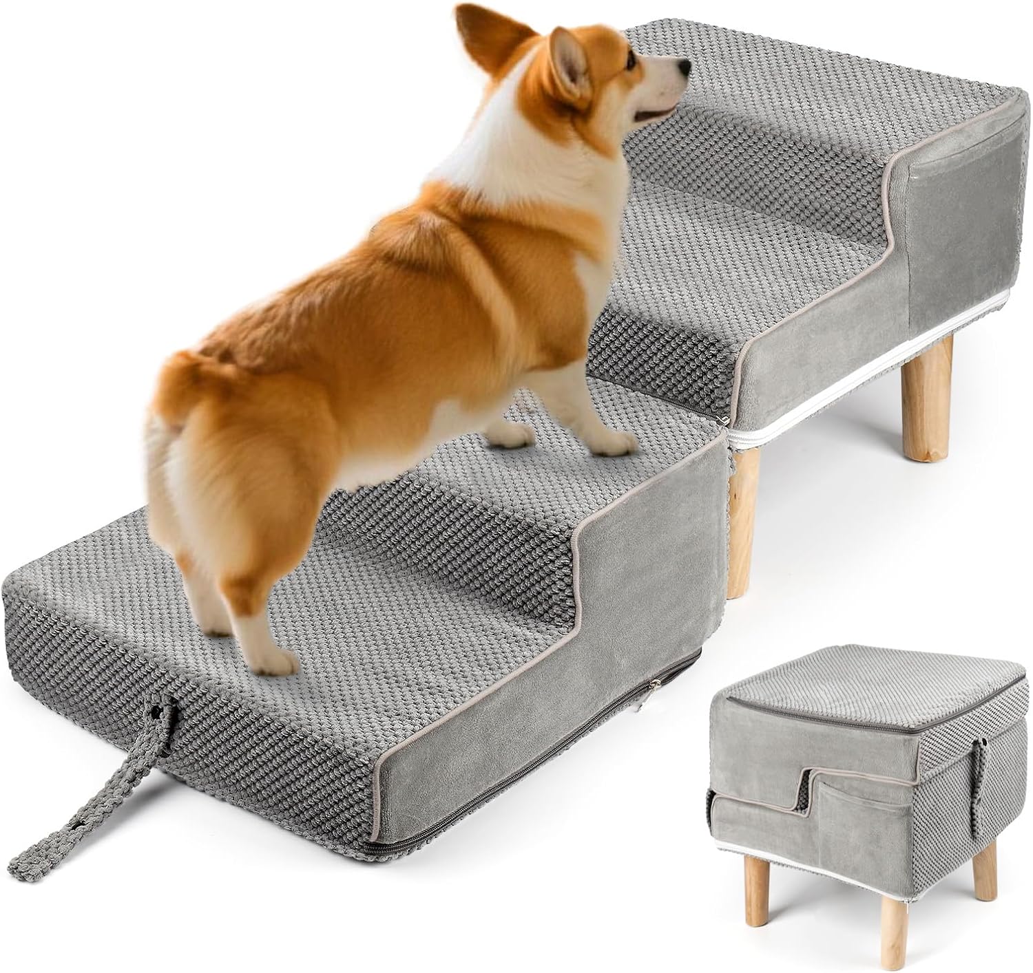 Split Ottoman Dog Ramp, 4-Step Dog Stairs for Bed, Foldable Pet Steps for Small, Medium, Senior Dogs & Old Cats - Couch Height, Anti-Slip, Washable Cover, Storage Pocket, 135lb Capacity