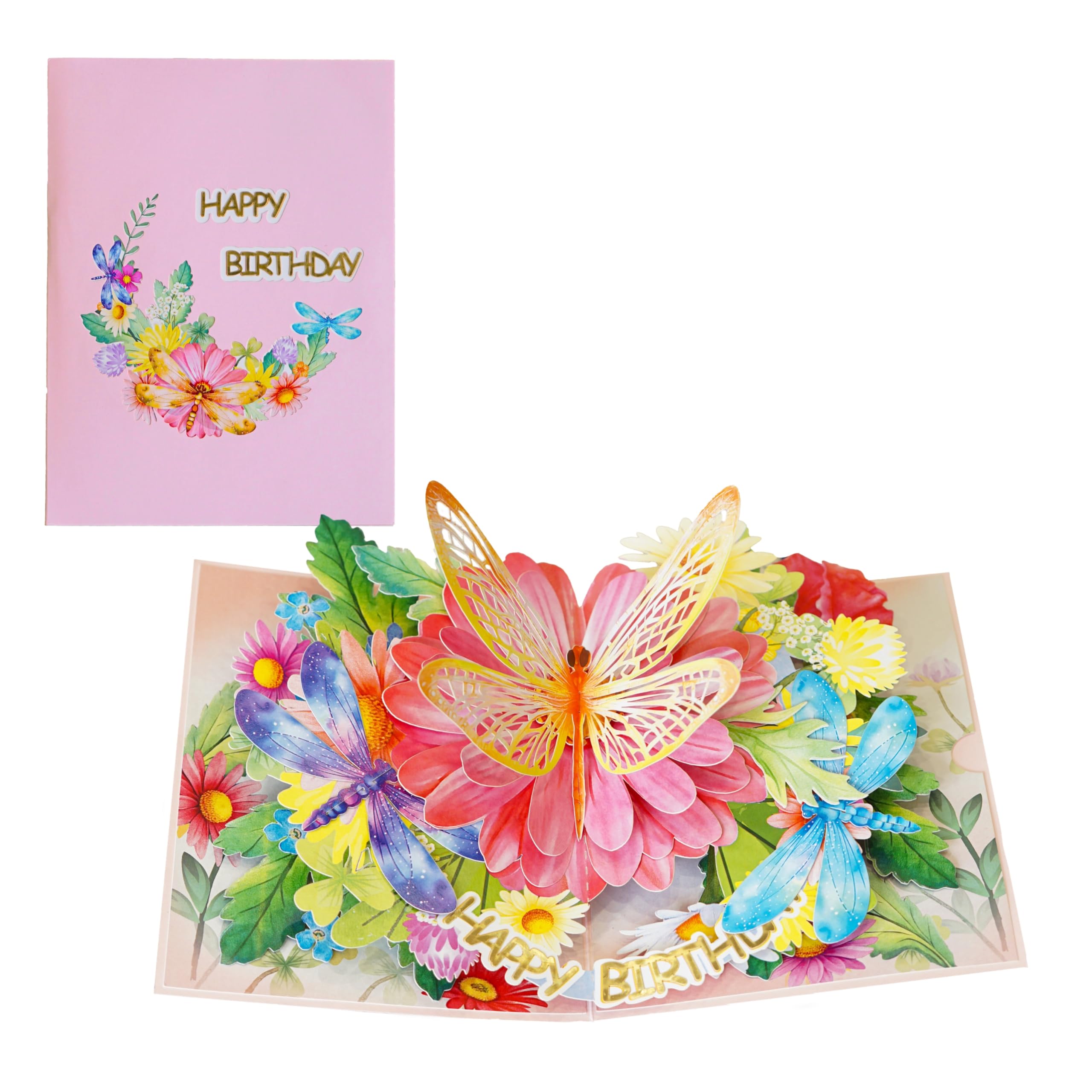 QD Birthday Card Pop Up | 3D Happy Birthday Greeting, Pop-up for Women Mum Grandma Daughter Sister (Size 15x20 cm - Flower Dragonfly BD Text) — image 1