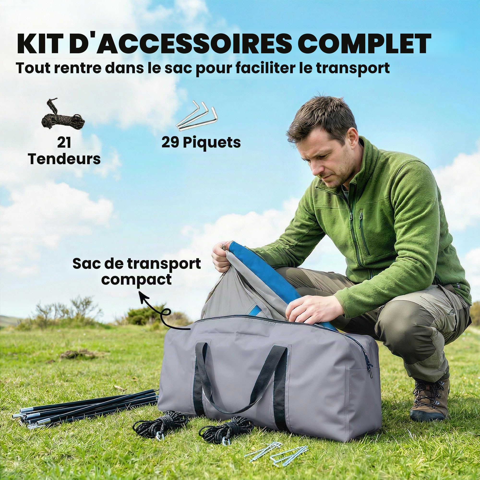Outsunny Tente de Camping familiale pour 5 Personnes Pliable 3000mm Bleue | Tente tunnel de camping, 3 pièces, porte, 4 fenêtres, porche, sac imperméable, montage facile