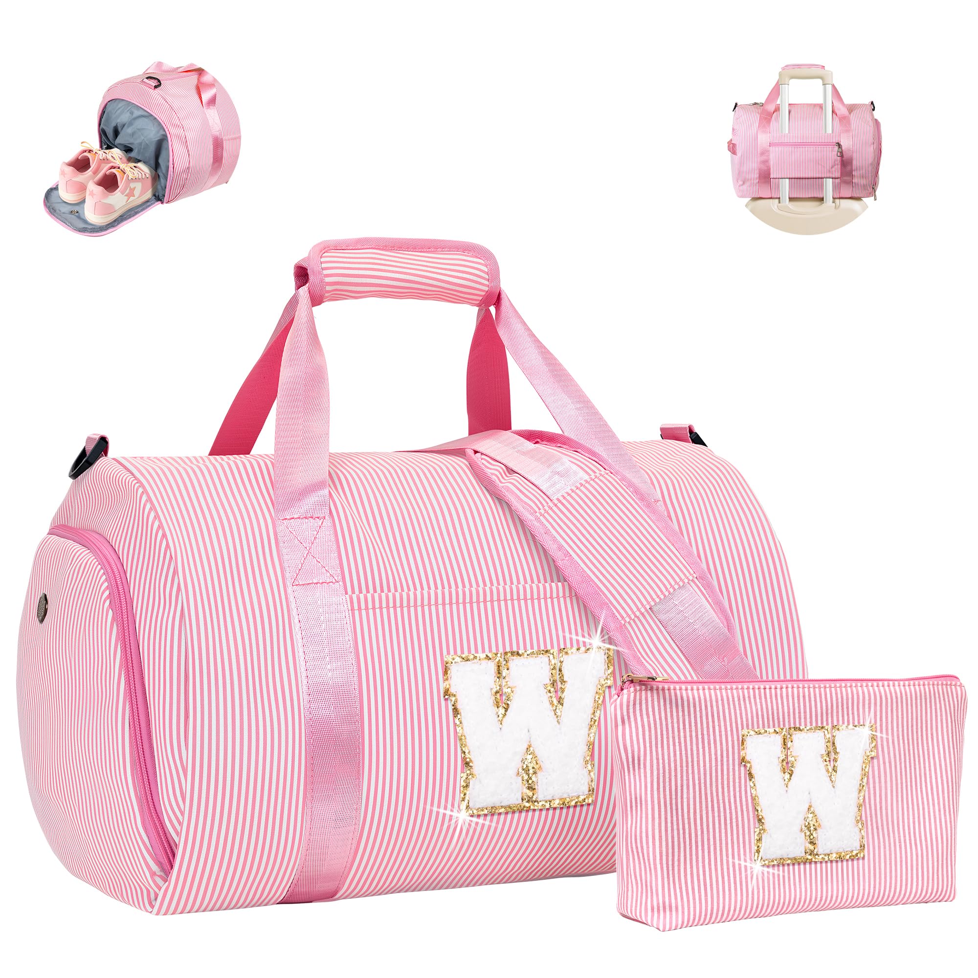 Vogewood Gift for Teenager, Girls Travel Duffle Bag, Kids Initial Overnight Duffel Bags with Shoe Compartment, Personalized Weekender Bag with Makeup Pouch, Teen Girl Gifts Trendy Stuff, Pink, W