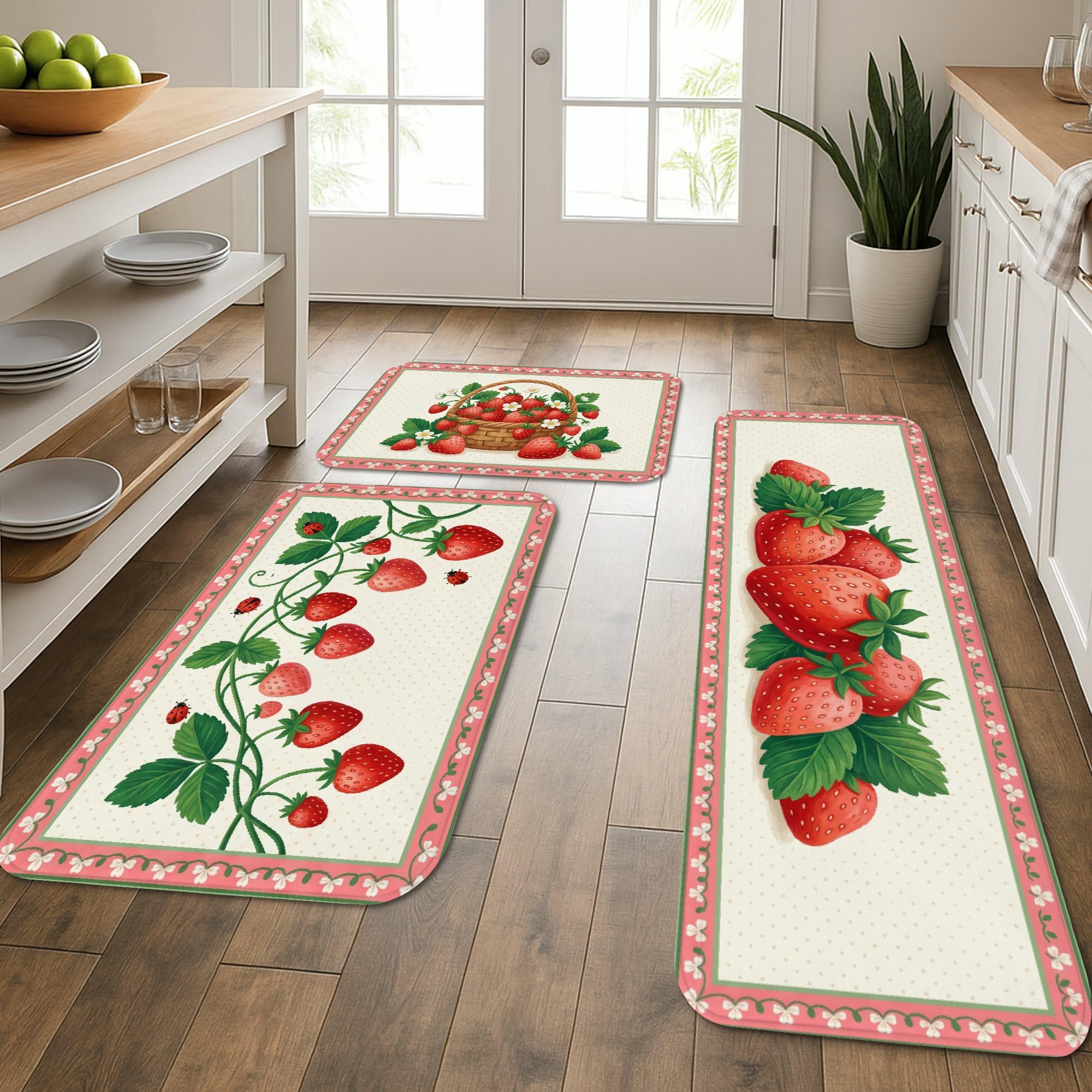 Tapis de cuisine lot de 3 vintage à motif floral fraises rouges lavables