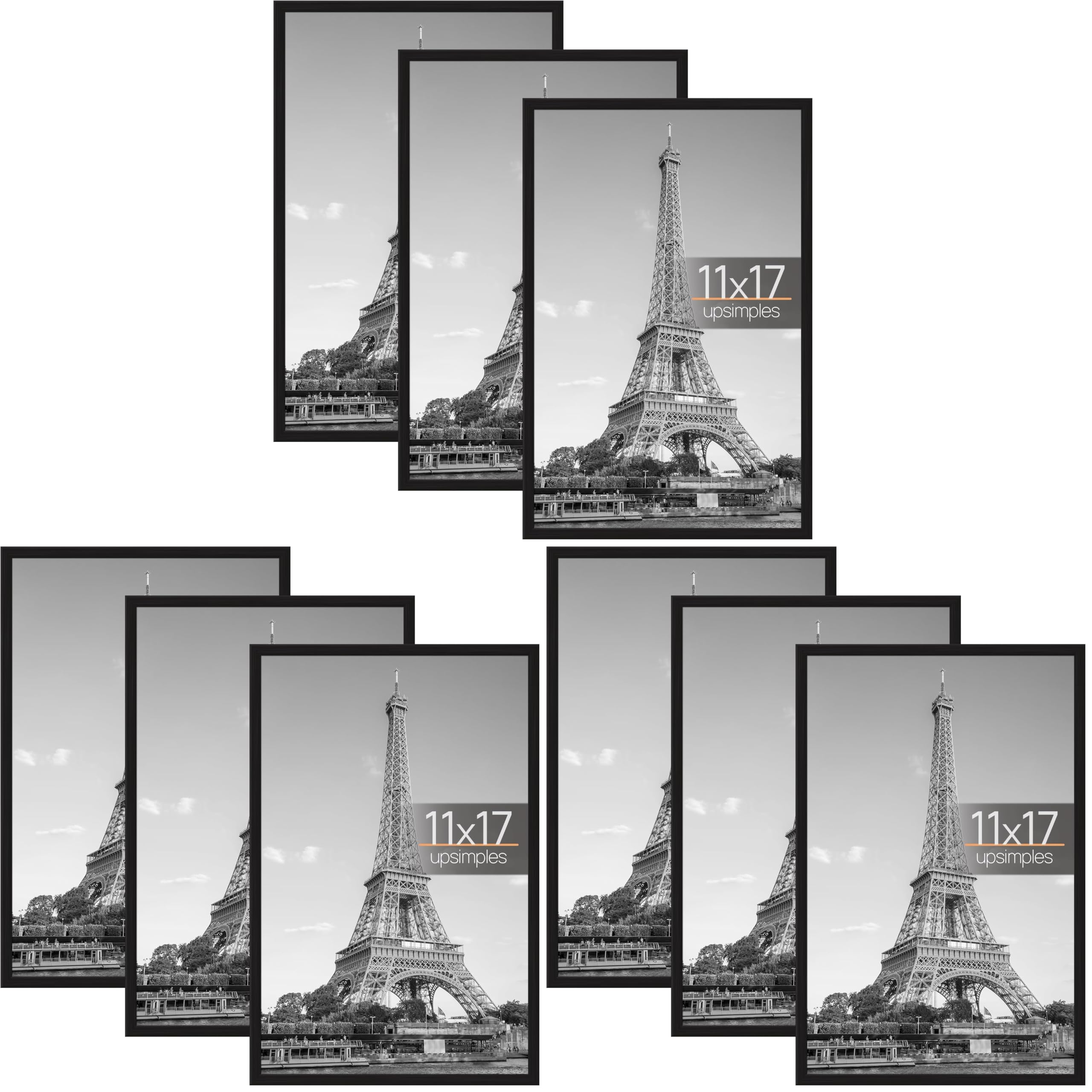 upsimples 11x17 Picture Frame Black 9 Pack, Scratch-Proof 11 x 17 Poster Frames for Photo Gallery - Slide-In Strips, Horizontal or Vertical Wall Mounting