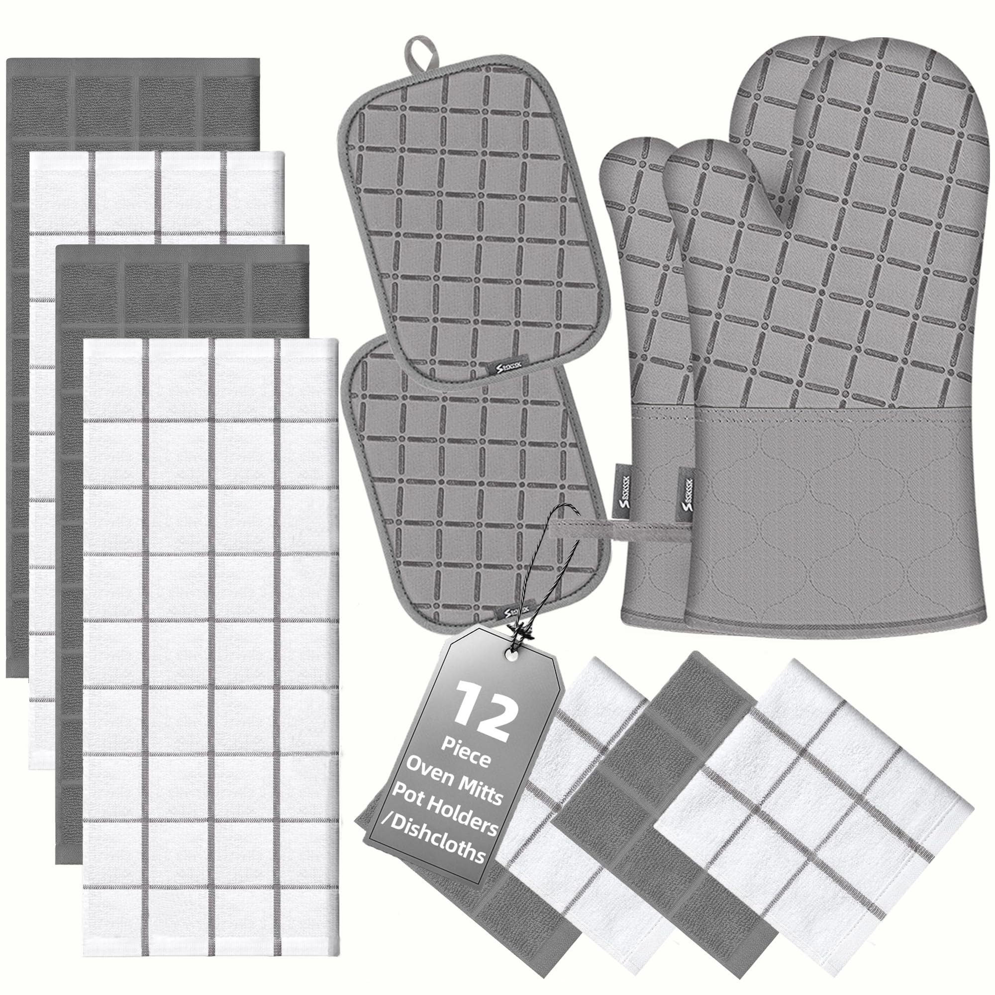 Oven Mitts Kitchen Towels and Dishcloths Pot Holders Sets, Oven Gloves Kitchen Dish Towels 500 Degree Heat Resistant Potholders with Non-Slip Silicone Surface for Cooking, Grilling, Baking-Gray