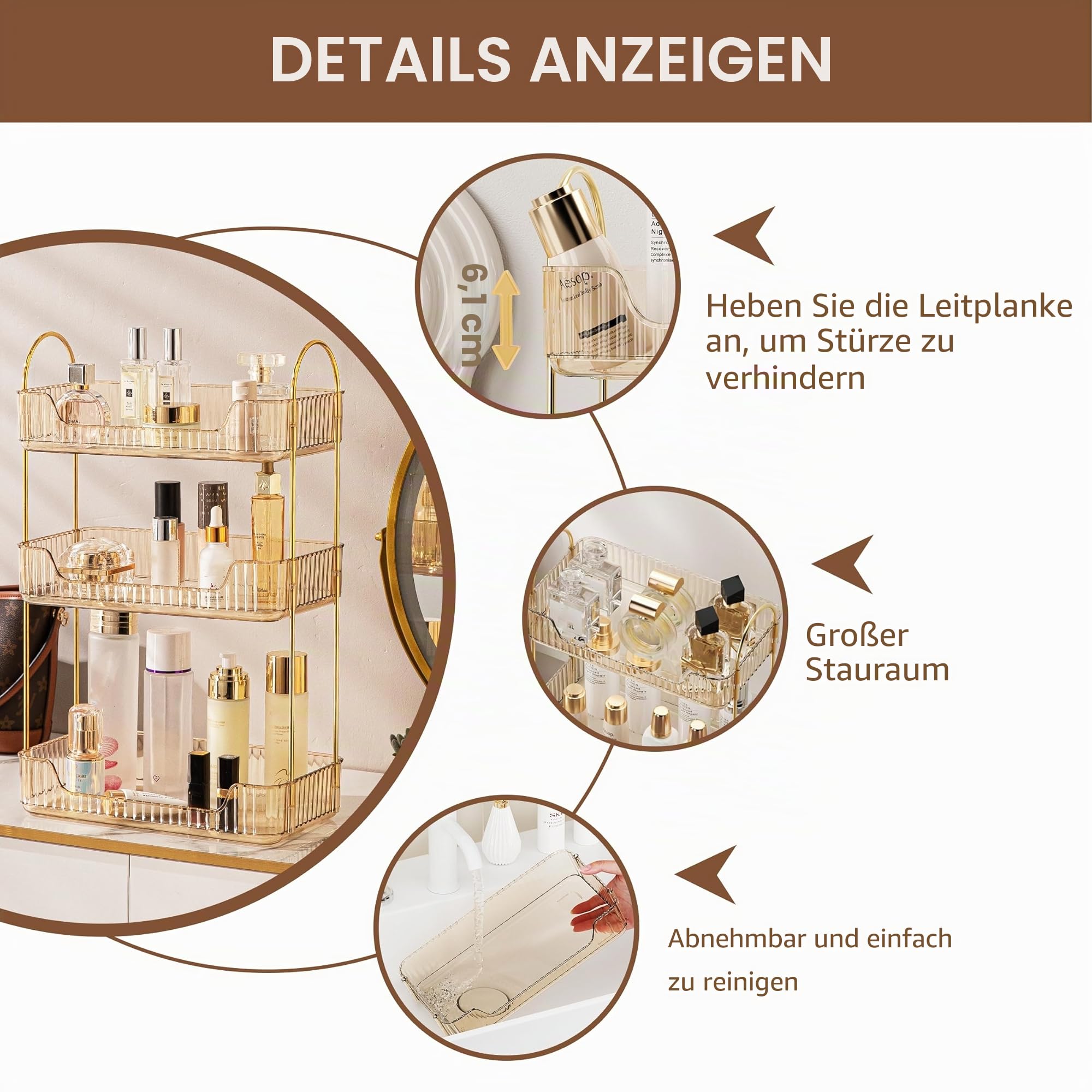 CESTATIVO Make up Organizer, Kosmetik Organizer, Beauty Organizer, Hautpflege Organizer für Badezimmer (3 Schichten, Bernstein)