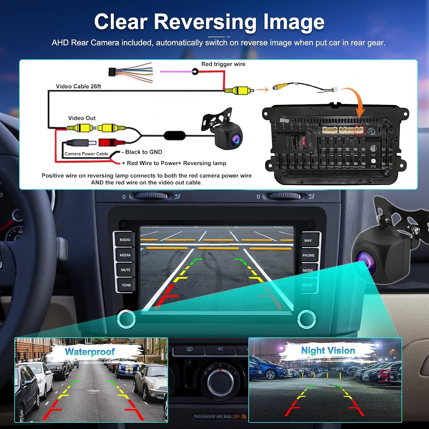 Diagram illustrating the wiring connections for the AHD backup camera, showing power, ground, video, and trigger wire connections.