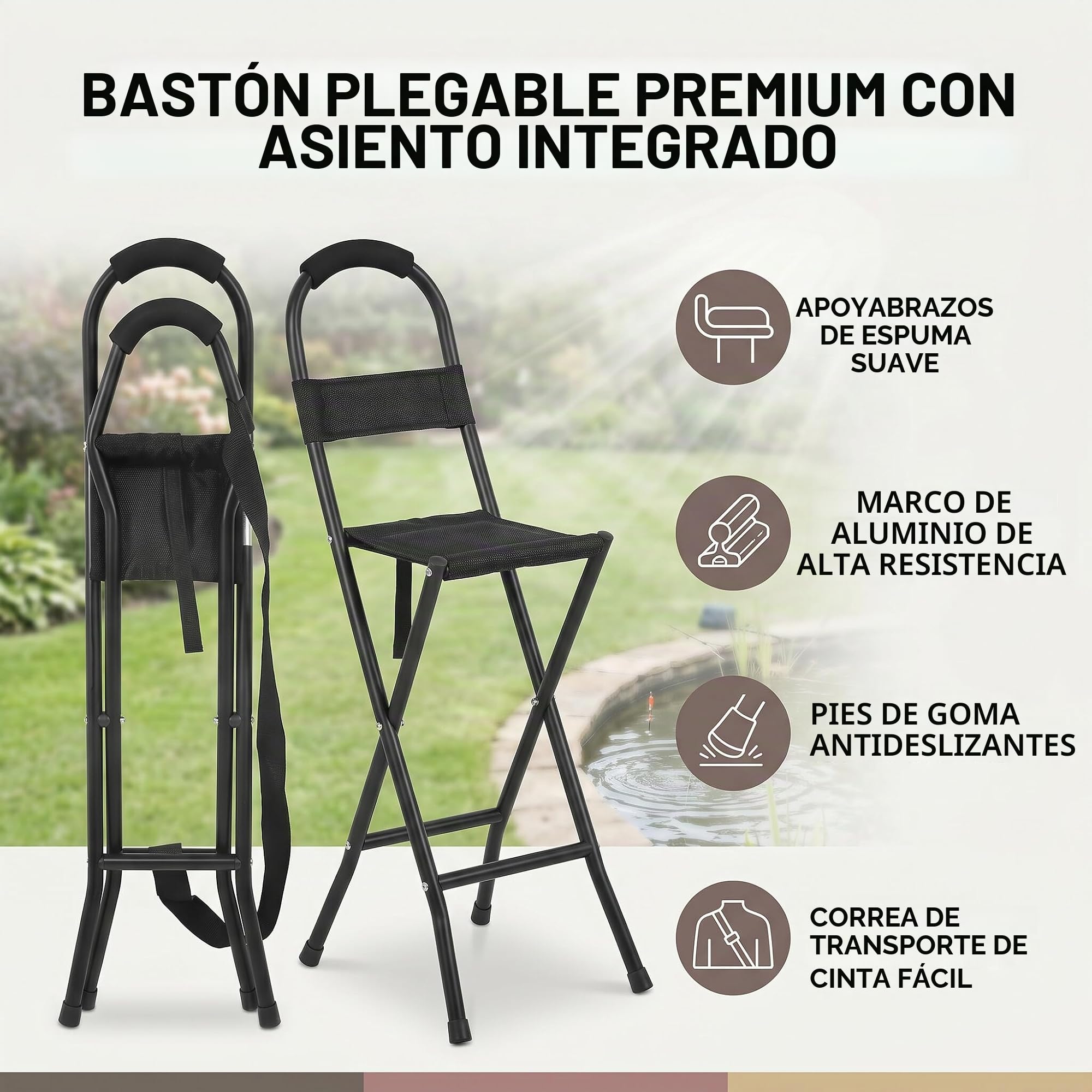 Bastón con Asiento, Silla Bastón Plegable Portátil, Sillas Bastón Plegables para Adultos, Bastones con Asiento para Hombres y Mujeres, Bastón y Taburete de Doble Uso para Personas