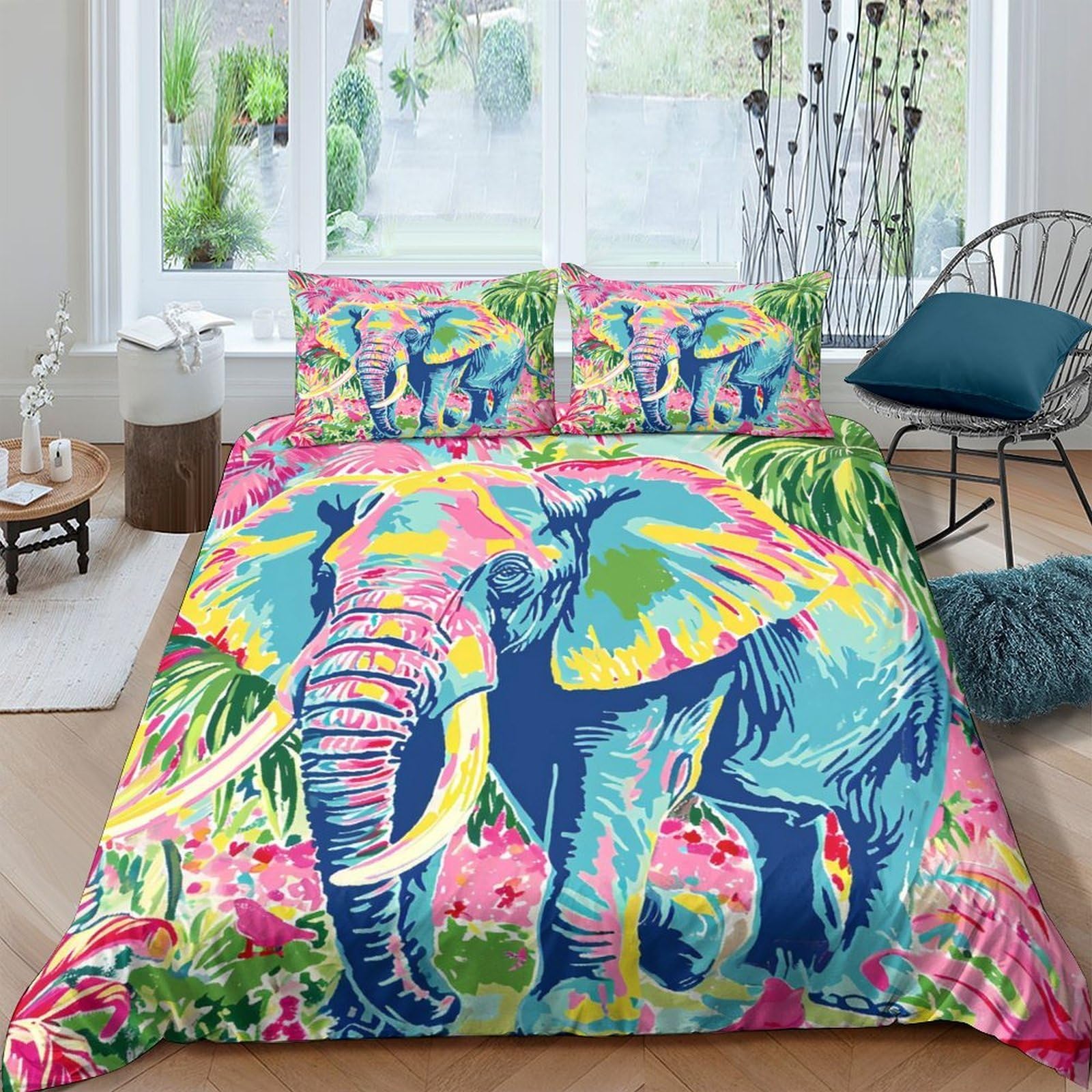GPLZQXKJNH 3D Printed Colorful Elephant Duvet Cover Microfiber Soft Breathable Jungle Animal Bedding Set with 2 Pillowcases for Bedroom Decor Single（135x200cm）