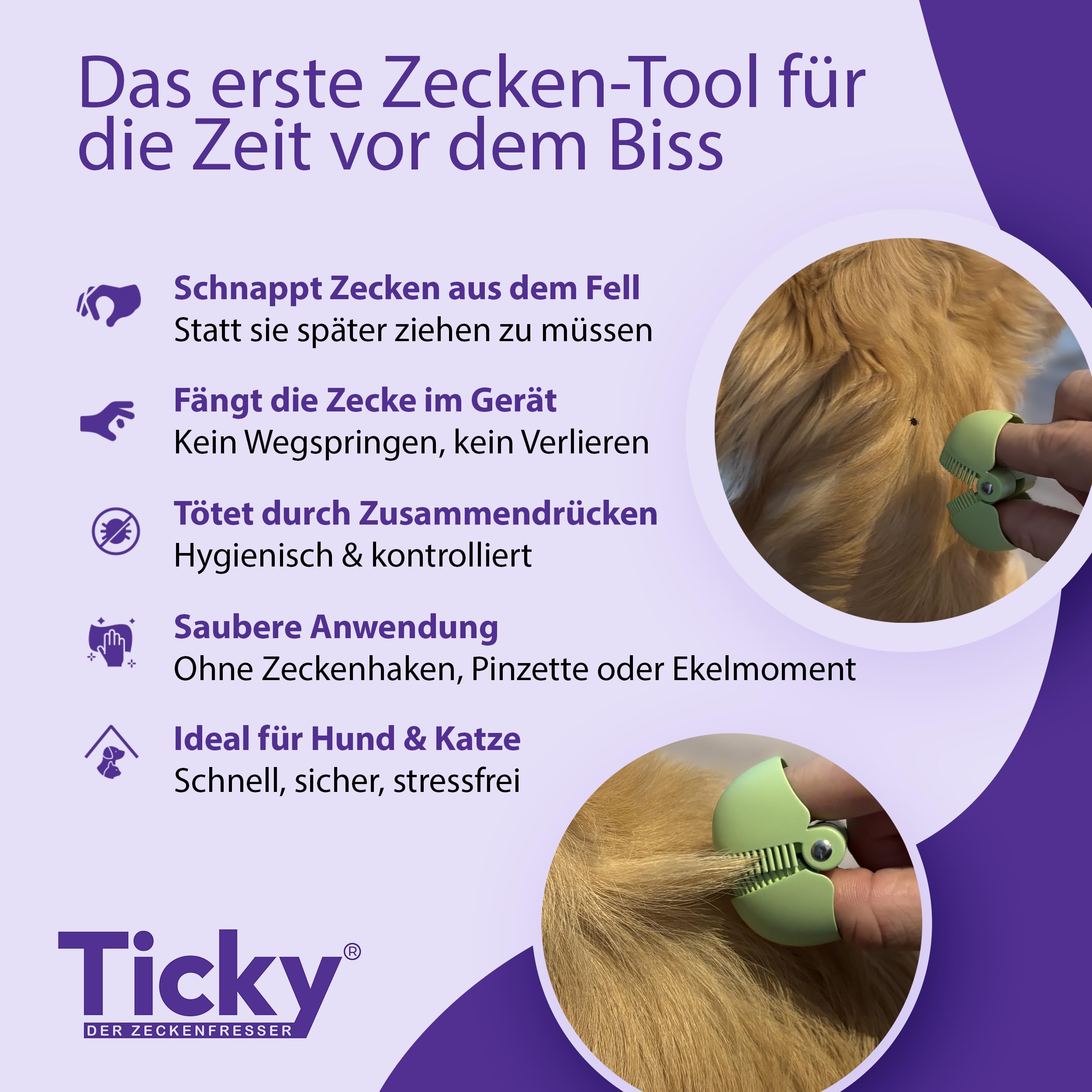 ticky - Innovative 3-in-1 Zeckenzange für Hunde & Katzen - Hygienische Zeckenentfernung auch für Flöhe - Zeckenentferner Zeckenschutz für Hund & Katze - Zeckenzange, Zeckenhaken, Zeckenkamm in Einem