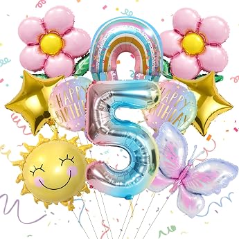 pack of 10 5 years balloons birthday decoration with butterfly & sun 5th birthday foil balloon children's birthday decoration gifts for boys and girls for children's party and birthday party