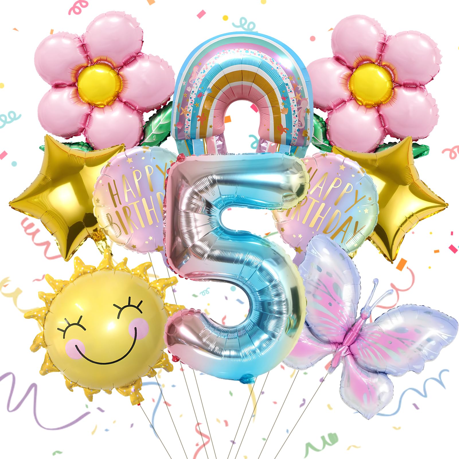10 Stück 5 Jahre Luftballons Geburtstagsdeko Mit Schmetterling & Sonne, 5. Geburtstag Folienballon, Kindergeburtstag Deko Geschenke Für Jungen Und Mädchen Für Kinderparty & Geburtstagsfeier