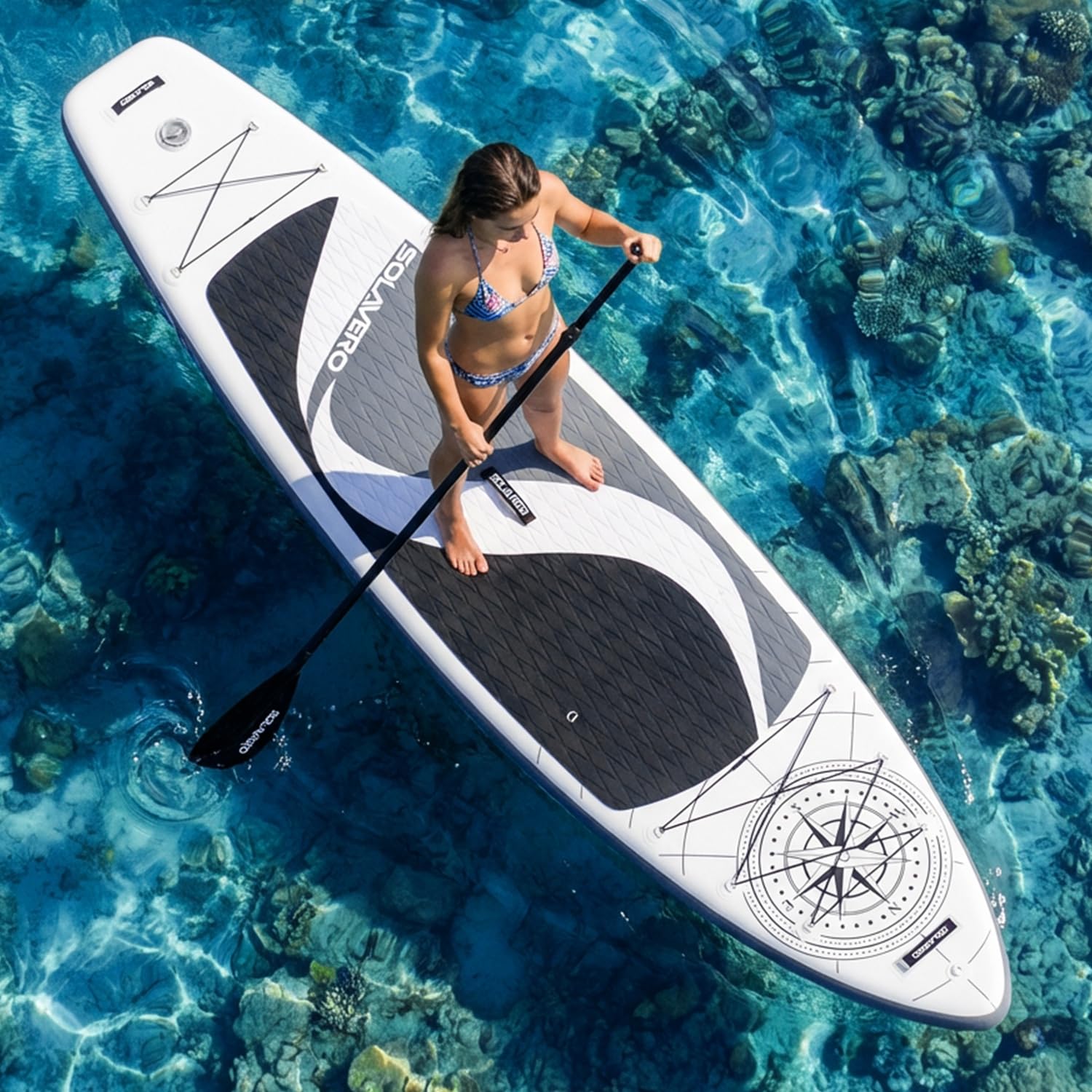 SOLAVERO Tavola SUP Gonfiabile Adulti 210kg Offerta, 350 x 89 x 15 cm Stand Up Paddle Board 2 Persone con Pompa, Pagaia Regolabile, Leash, Custodia Impermeabile e Zaino