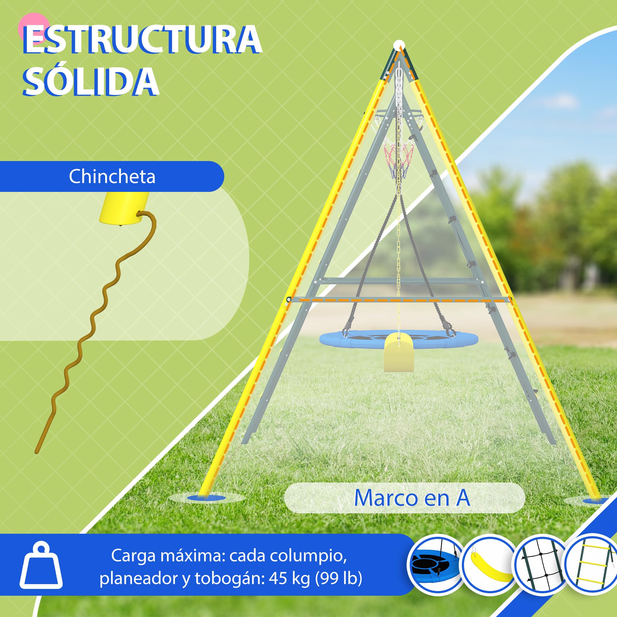 Outsunny Columpio Infantil 4 en 1 Exterior Nido Niños 3 a 8 Años Amarillo | Columpio Individual, Red para Escalar, Canasta de Baloncesto, Escalera, Carga 160 kg, Parque Infantil