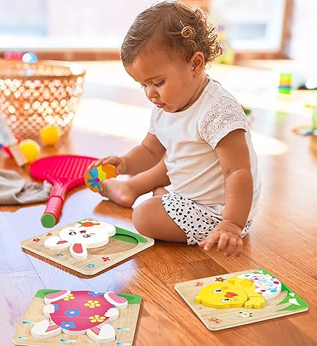 Miniatura 7 de Paquete de 4 rompecabezas de madera de Pascua para niños rellenos de cesta de Pascua para regalos pequeños suministros de recuerdo de fiesta