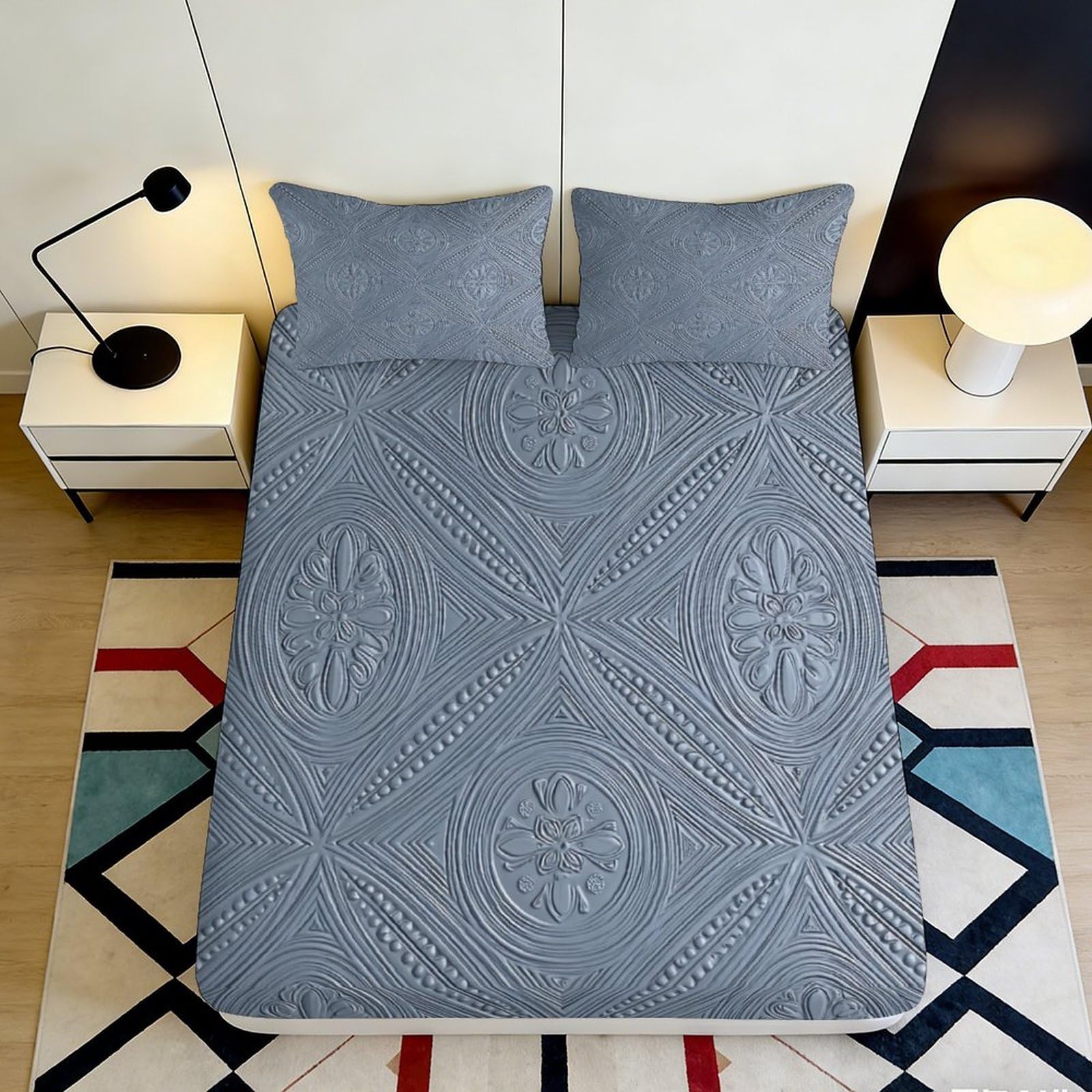 3D Printed Geometric Floral Fitted Sheet Microfiber Grey Mattress Cover for Bedroom Dorm Easy Care Anti-Slip 120x200x25cm