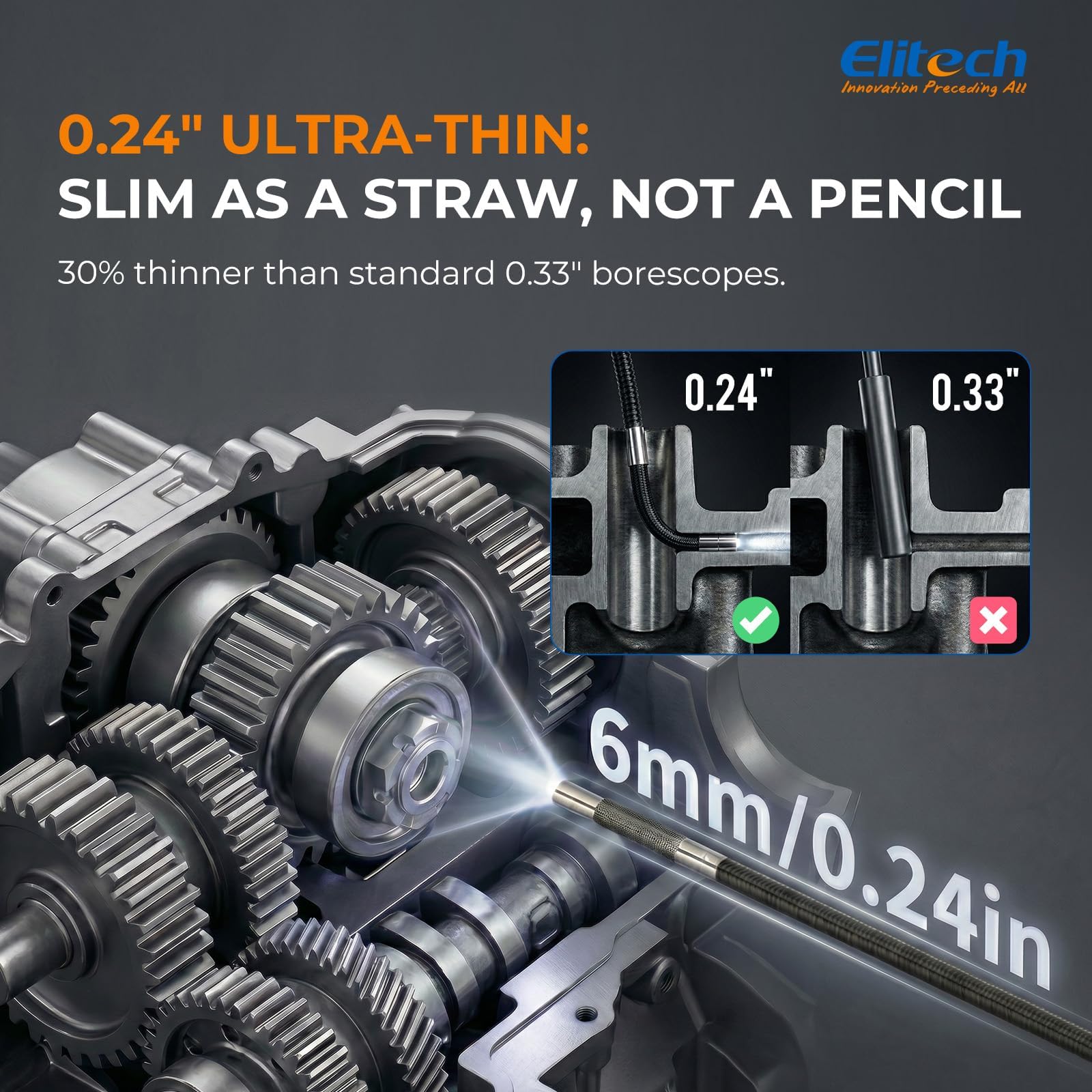 Elitech Cámara de Inspección de Tuberías y Motores Endoscopio Articulado Bidireccional 180° con Pantalla IPS 4.3" y Sonda Ultrafina 6.2mm IP67 Herramienta Profesional ELS-240