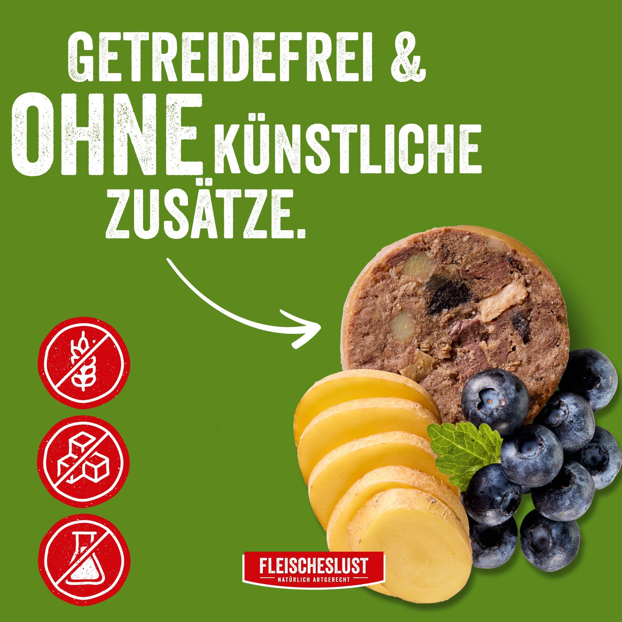 Fleischeslust Salchichas para perros, caza y ternera con patatas y arándanos, 6 x 800 g, comida húmeda, resistente a los cortes, sin cereales, pienso completo para perros adultos