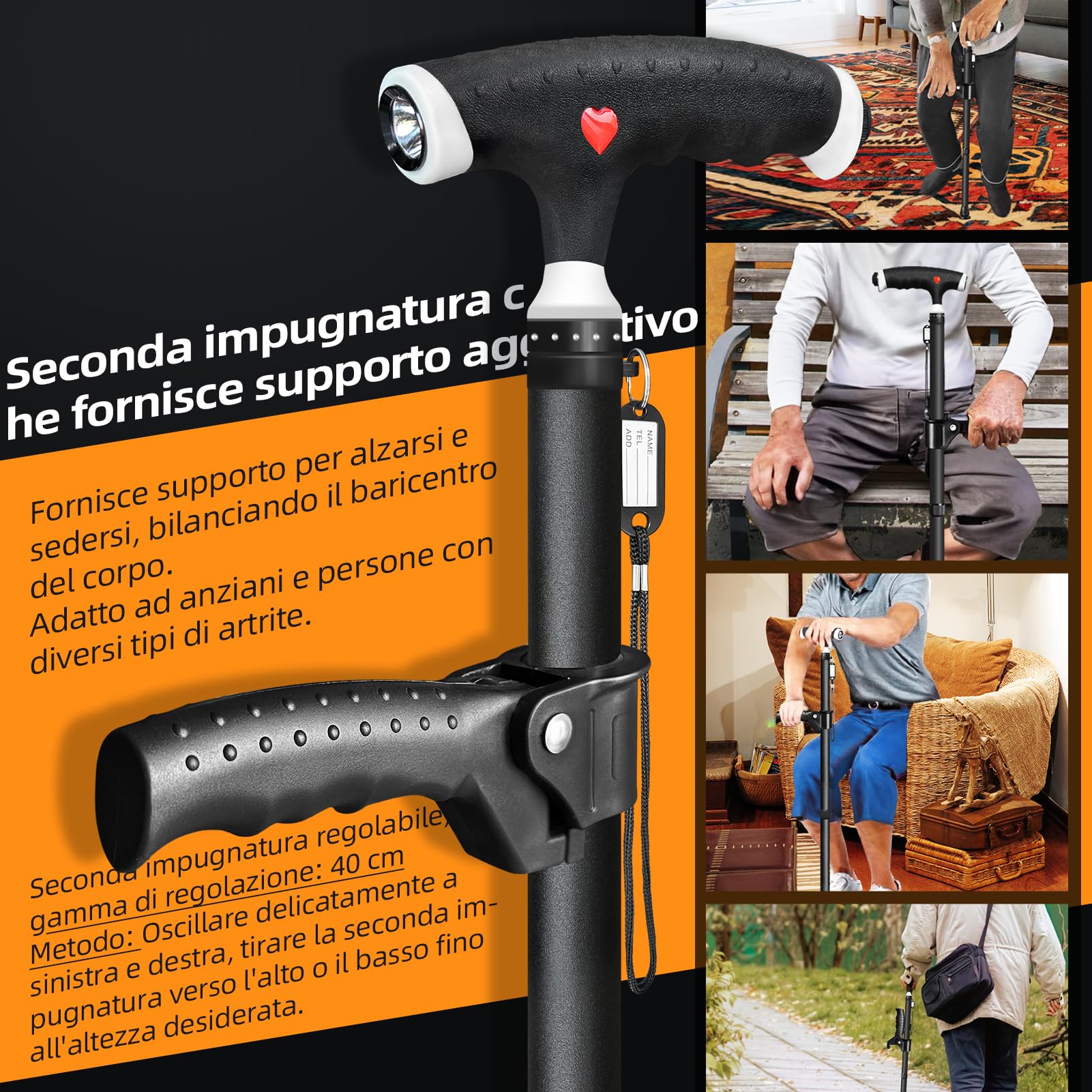 Bastone da passeggio regolabile per uomo e donna, doppio manico regolabile, bastone da passeggio con luce a LED, bastoni per anziani e persone con diversi tipi di artrite