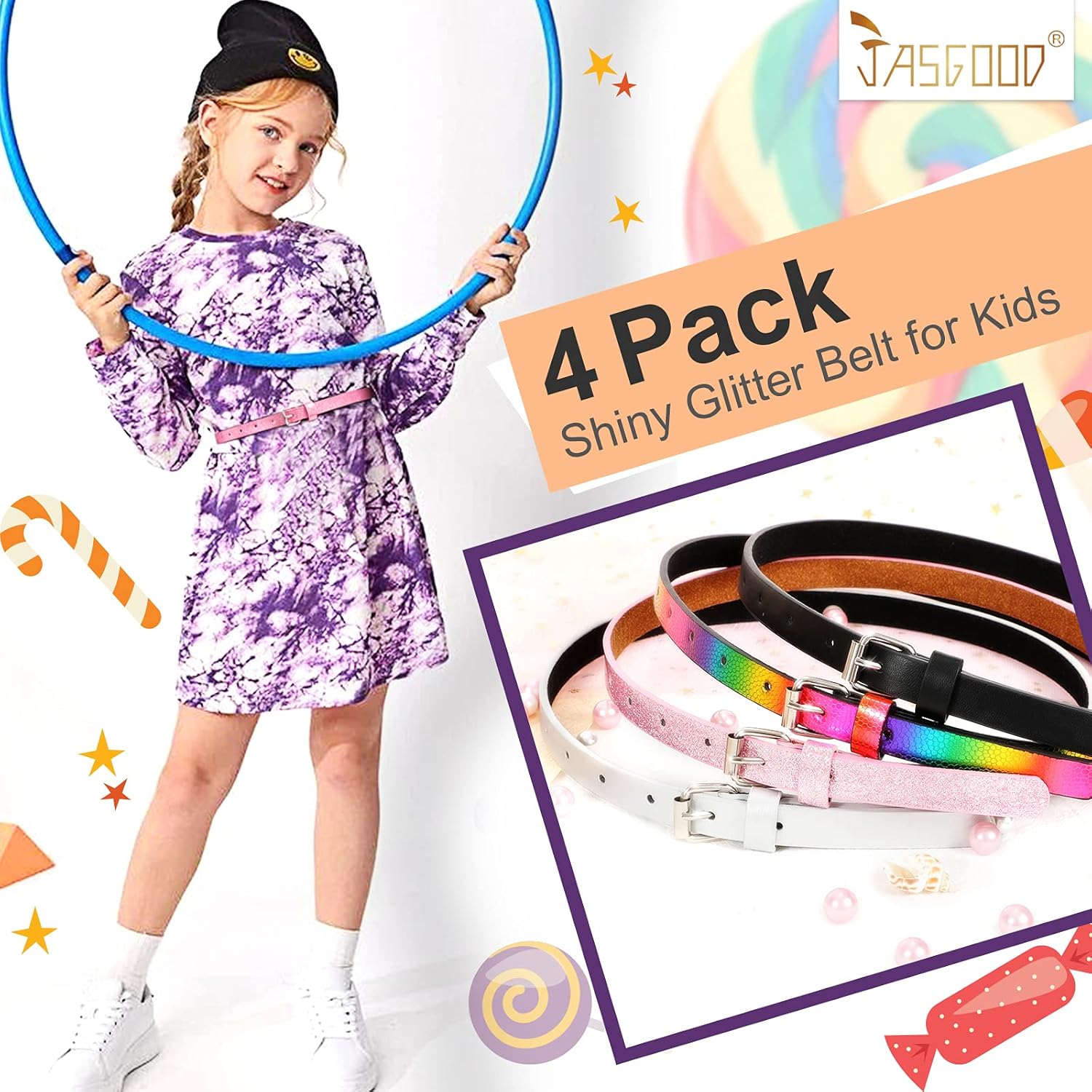 4 Pack 3 Pack 2 Pack Kids Belt Fashion Glitter Belt, JASGOOD Cute Shiny PU Leather Belt for Girls and Boys: Clothing, Shoes & Jewelry