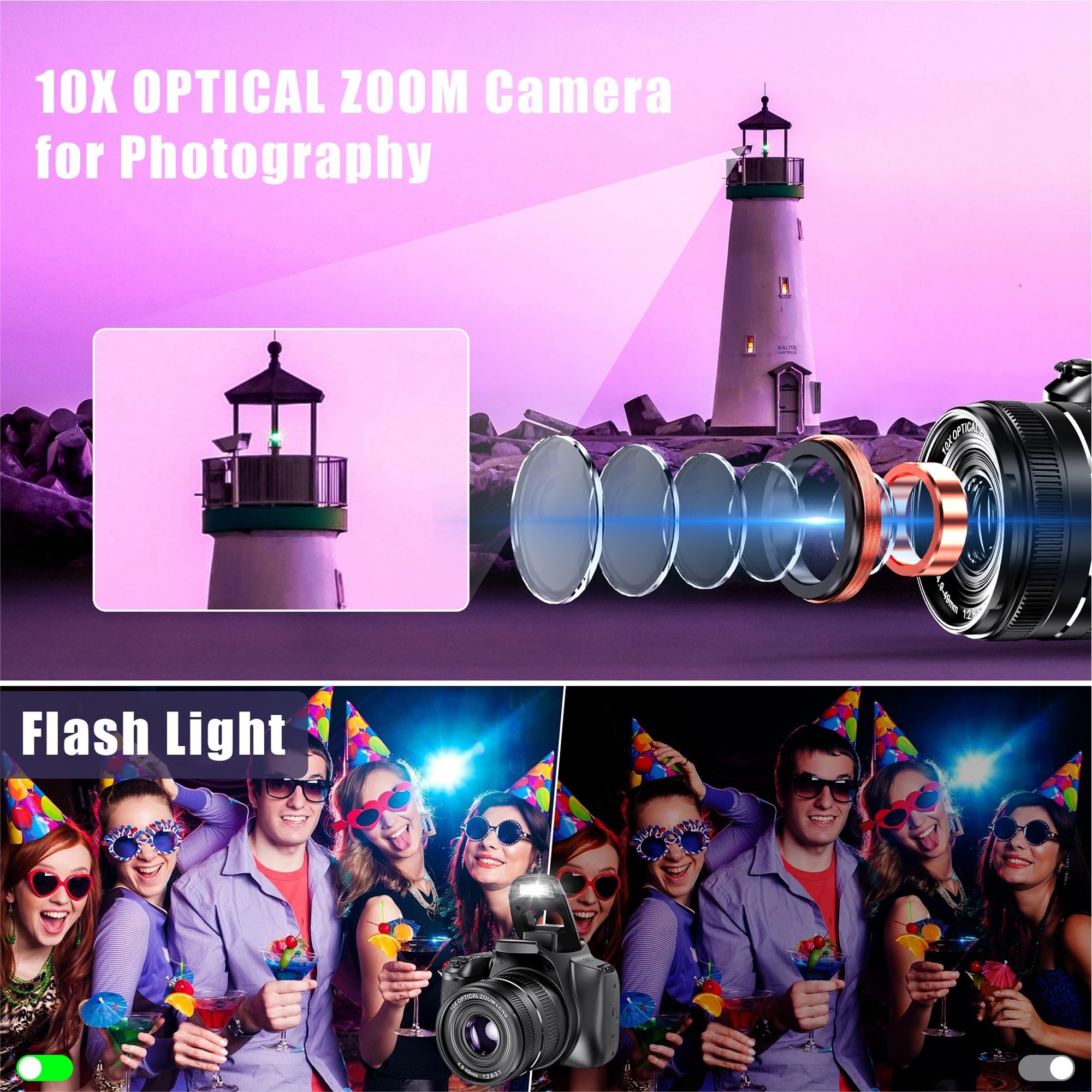 Kamera wideo, Cyfrowa lustrzanka 64 MP do fotografii, aparat z 10-krotnym zoomem optycznym Kamera wideo 4K HD Vlog Kamera internetowa Lustrzanki cyfrowe(5MP Add 64G,Dual Color Light)