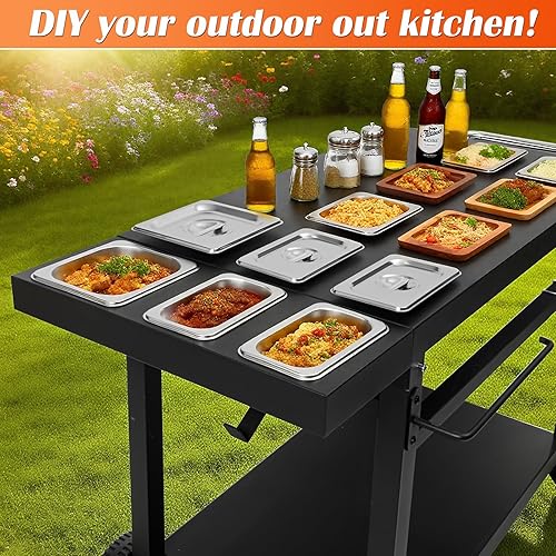 Miniatura 6 de Carrito de parrilla de hierro fundido negro con 2 estantes con ruedas, soporte de horno de pizza resistente para Blackstone Ninja, estación de