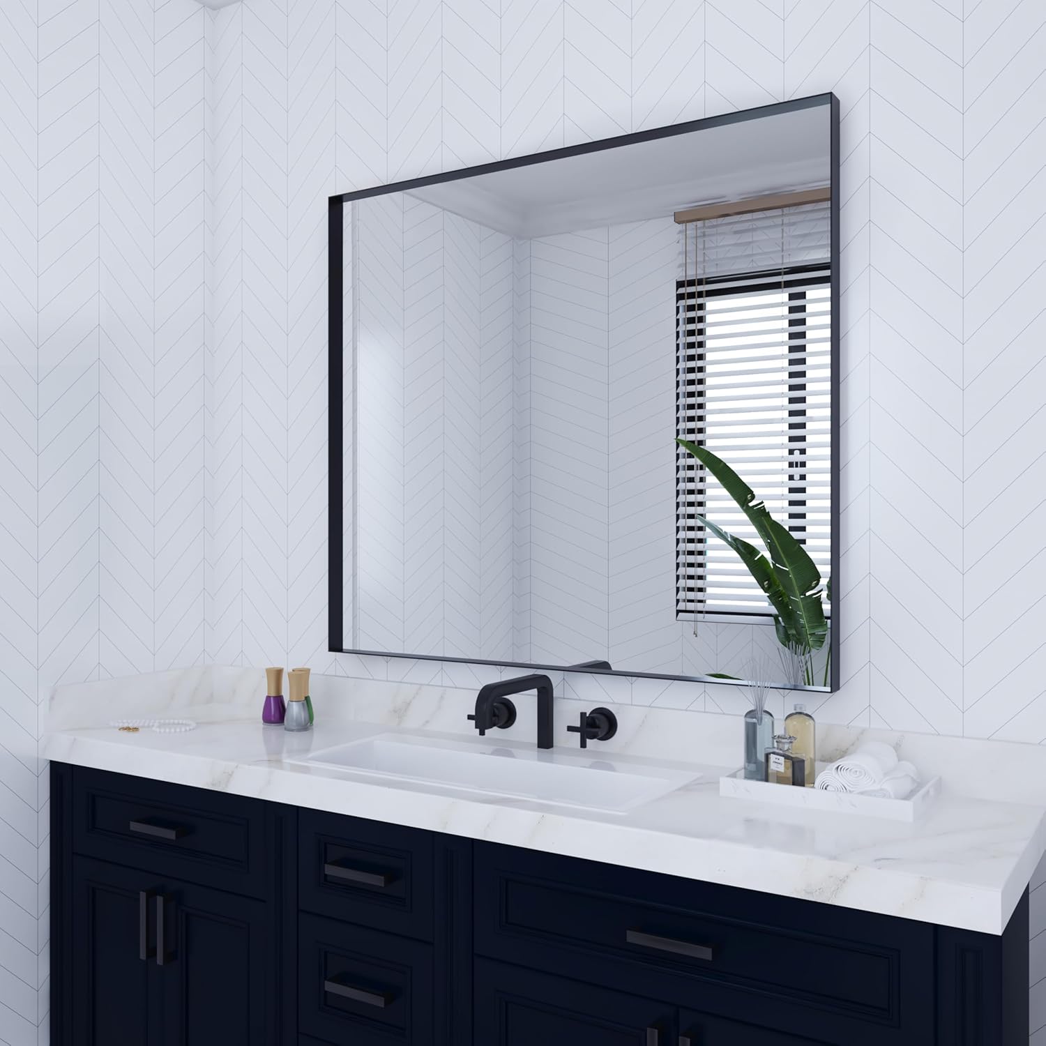 VocalStar Black Bathroom Mirror for Wall, 36 x 40 Inch Large Square Corner Rectangle Metal Framed Bathroom Vanity Mirrors Modern Farmhouse, 1/4-inch Shatterproof Glass | Ultra-Flush Hanging