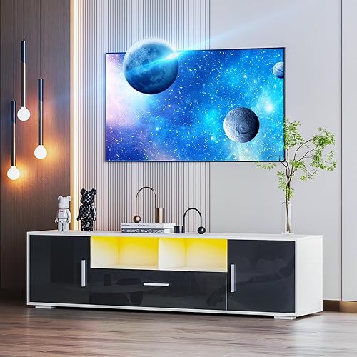 Centro de entretenimiento LED para televisores de hasta 70 pulgadas moderno soporte de TV para juegos con luces LED consola multimedia de alto Centro de entretenimiento LED para televisores de hasta 70 pulgadas moderno soporte de TV para juegos con luces LED consola multimedia de alto