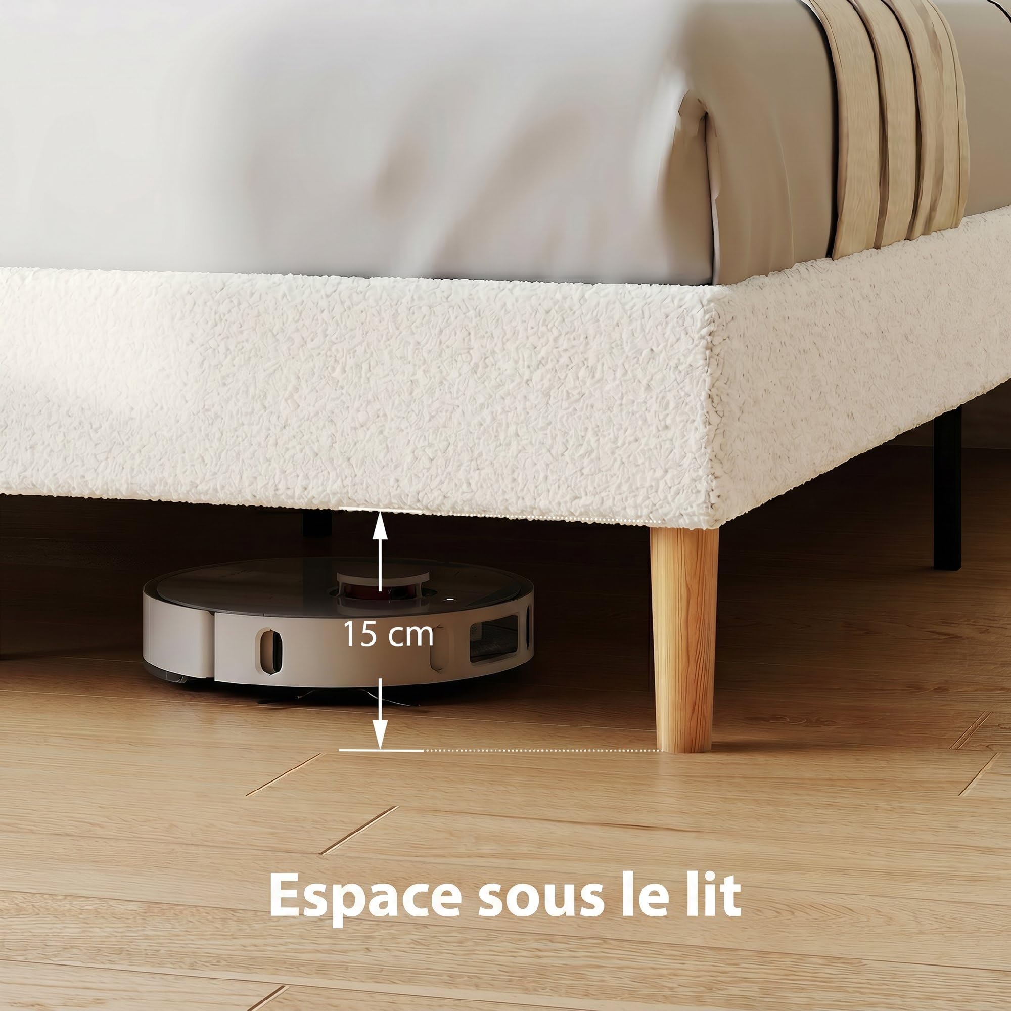 HOMCOM Cadre de lit 160 x 200 cm avec sommier, Tête Réglable, Blanc | Lit Double Rembourré Velours Boucle, Support à Lattes en Bois, Rangement au-dessous, Sans Bruit, Montage Facile