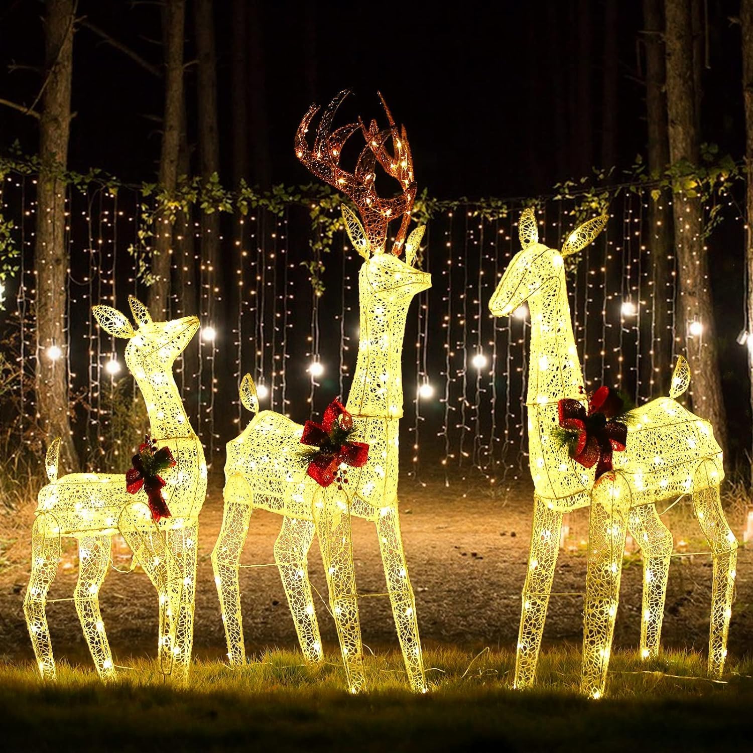 3-PCS Christmas Lighted Reindeer Family Christmas Decorations Deer for Outdoor Yard Christmas Glowing Decoration with 230 LED Lights, Battery Box, Plug, Ground Stakes Yellow