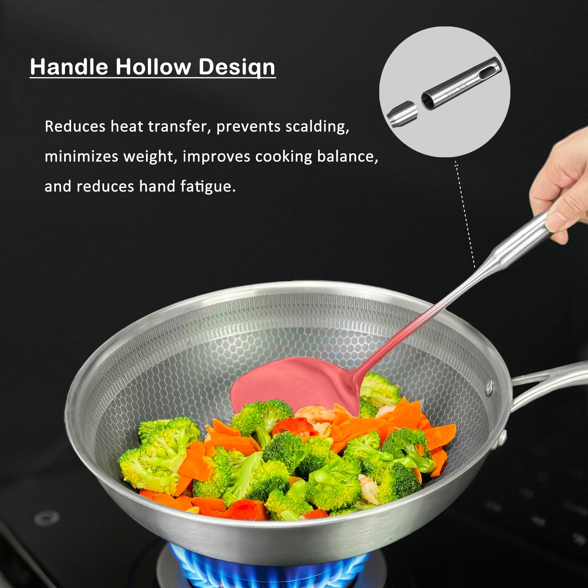 Juego de utensilios de cocina de acero inoxidable 18/8, 6 piezas de 15 pulgadas de largo, juego de utensilios de cocina de metal con espátula, cucharón profundo, cuchara, skimmer, servidor de pasta,