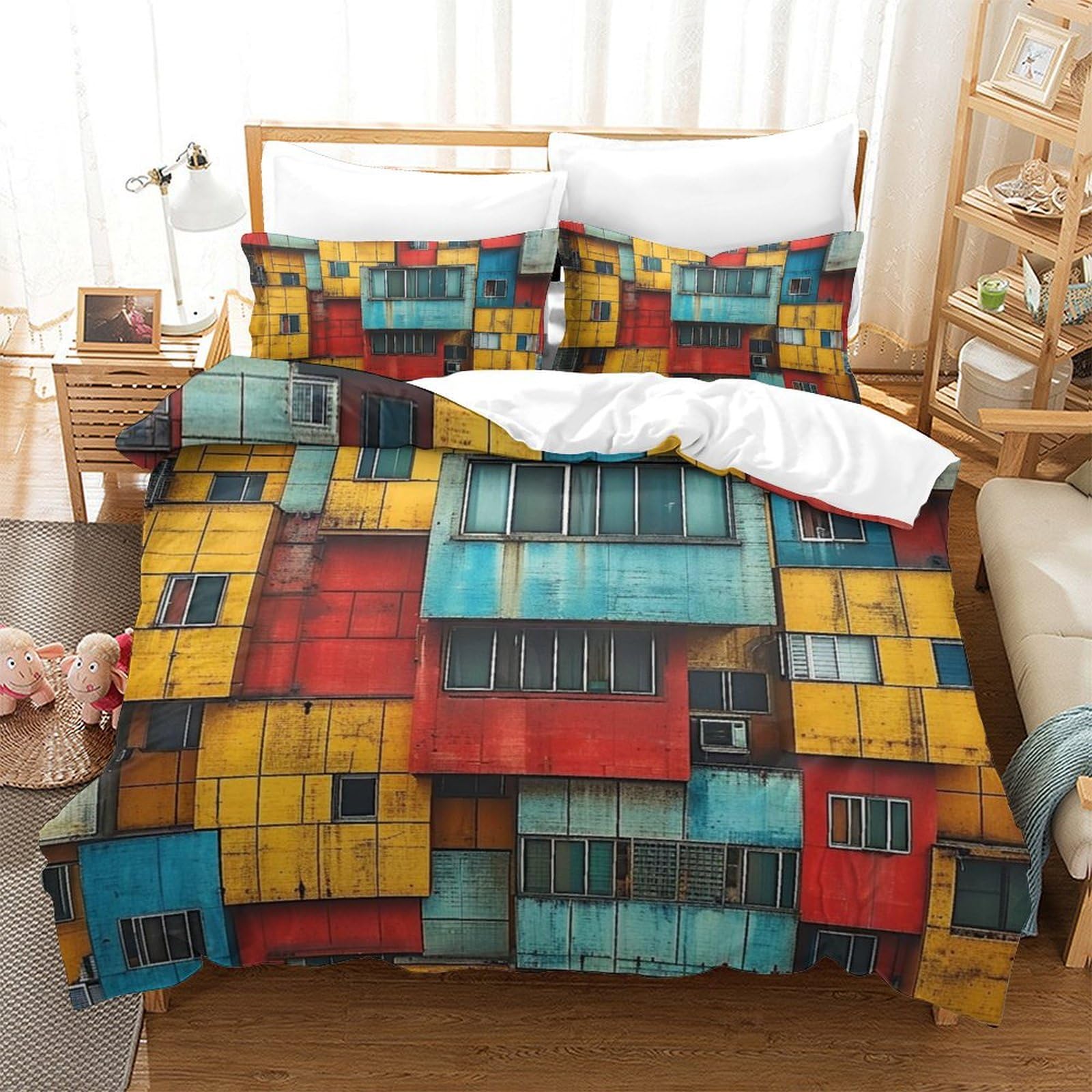 Housses de couettes blocks colorés 3D en microfibre respirante King