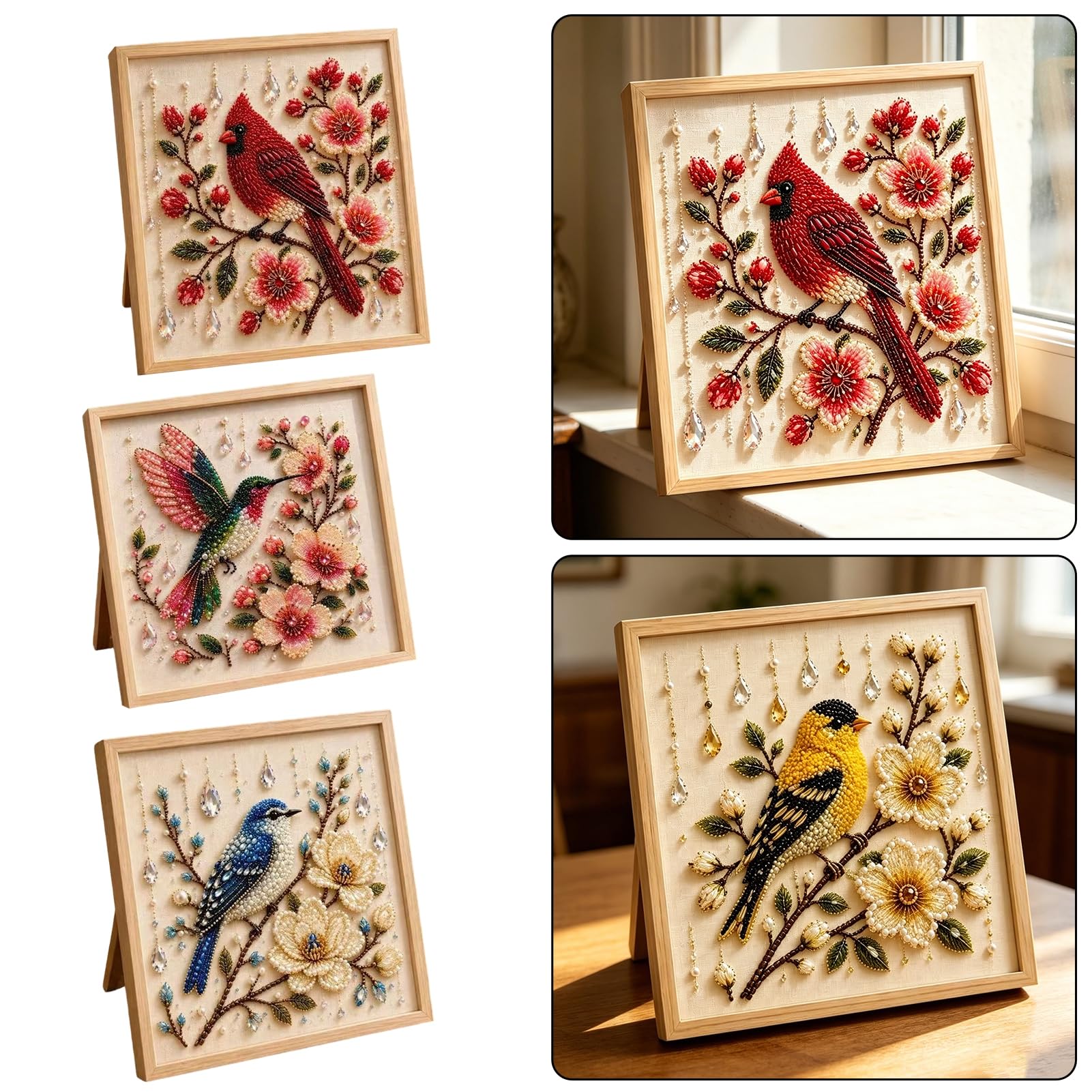 Quoravel Bead Embroidery Kit for Adults, Hummingbird Crystal Bead Art Painting, DIY Floral Craft Set with Pearl Beads, Beginners Sewing Starter Gift Style B
