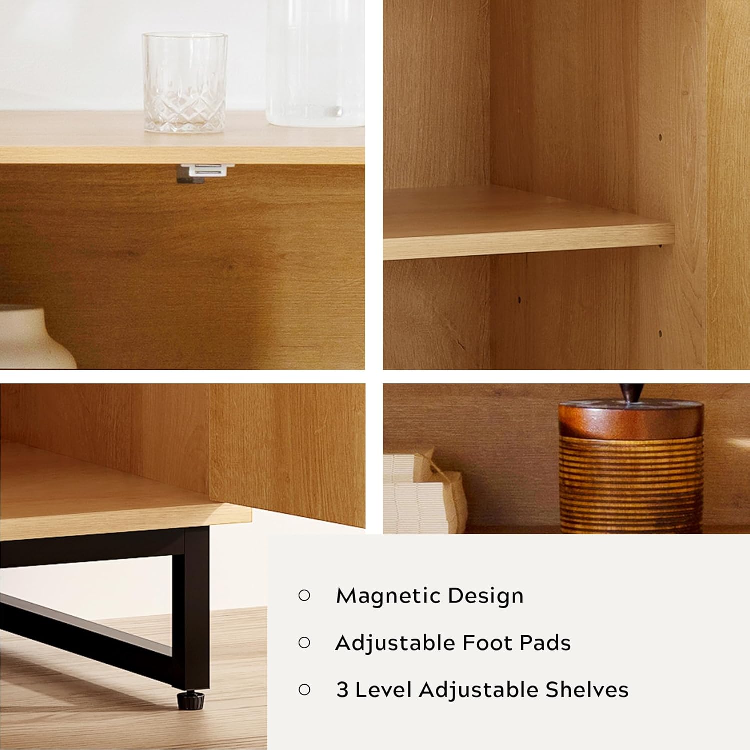 Fluted Storage Cabinet with 4 Doors, 55" Large Sideboard Buffet Cabinet with Adjustable Shelves Wooden Credenza Multifunctional Console Table for Dining Room Living Room, Natural Oak