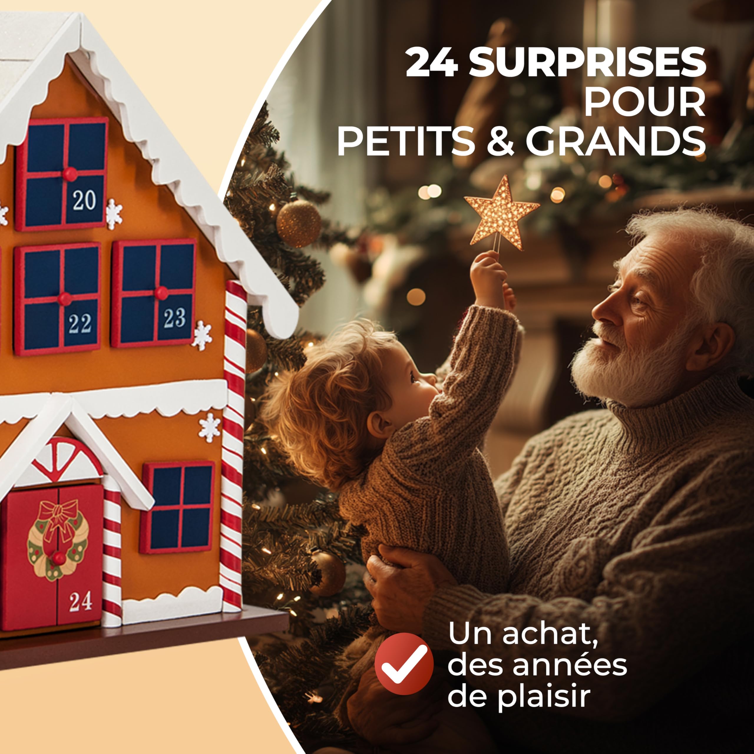 Spielwerk Calendrier de l'Avent en Bois Réutilisable 24 Tiroirs Maison en Pain d'épices