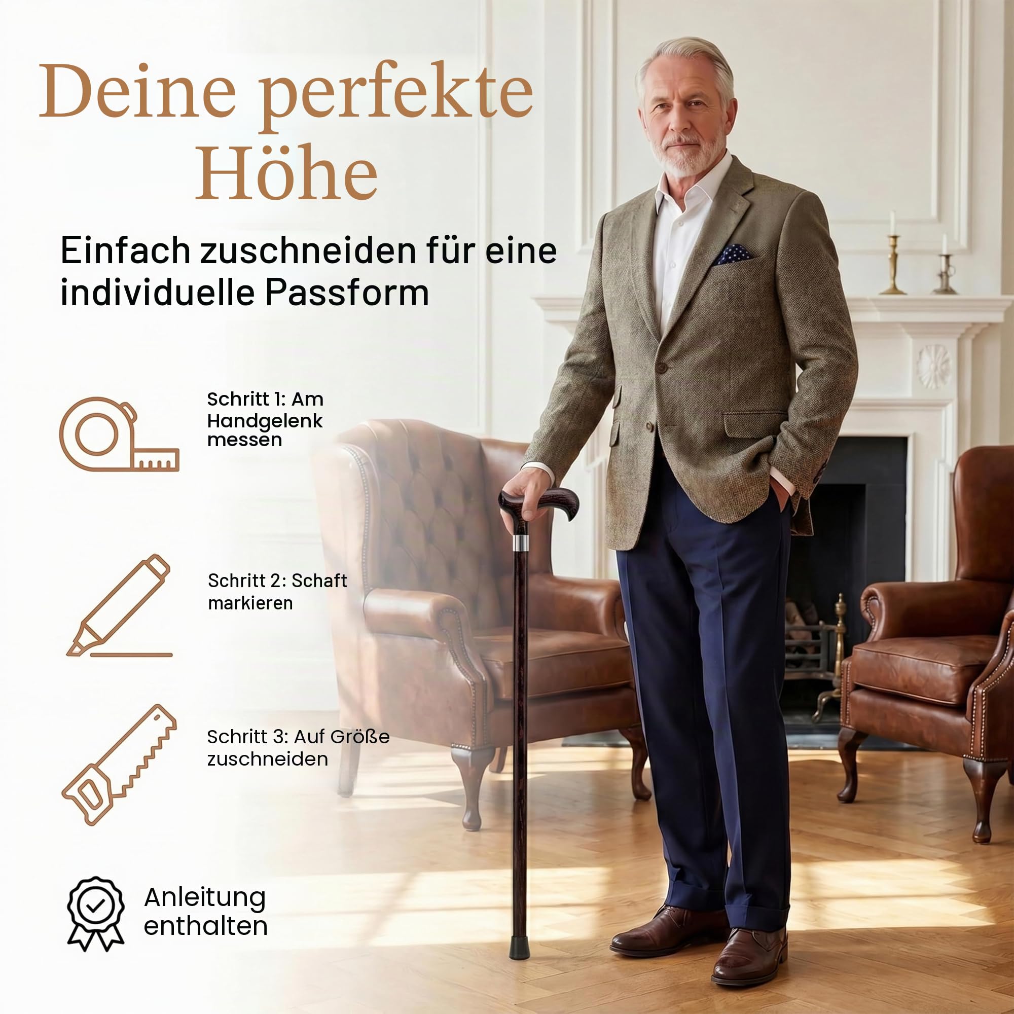Dr. Watson Classic Derby Walking Stick – Handcrafted Ash Wood Cane with Polished Stainless Steel Collar