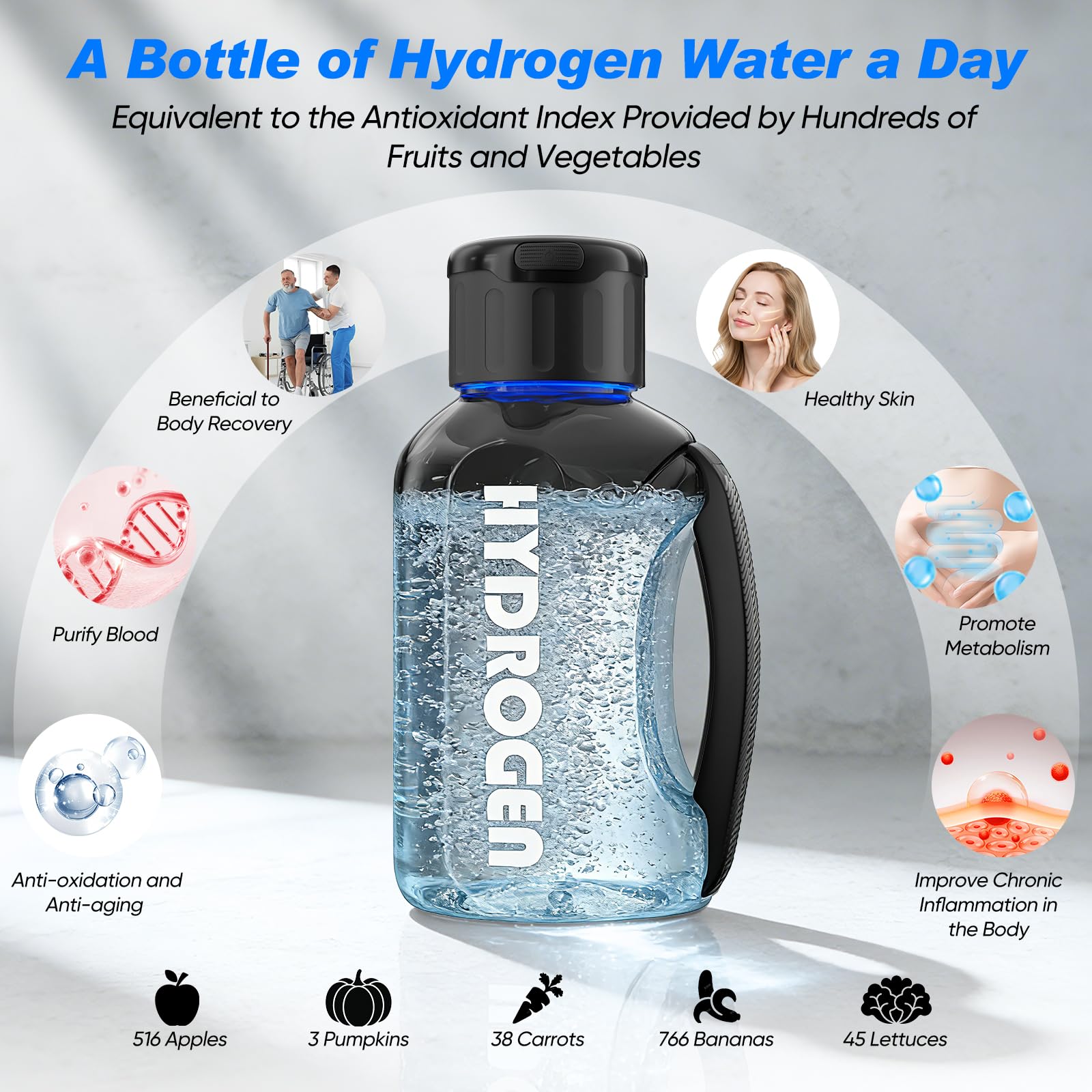 Bouteille d'eau hydrogène, générateur d'hydrogène 3000 PPB, électrolyse rapide à 6 minutes, portable Hydrogen Rich Water Maker avec technologie à 4 couches de membrane, sans BPA, 1200 ml pour