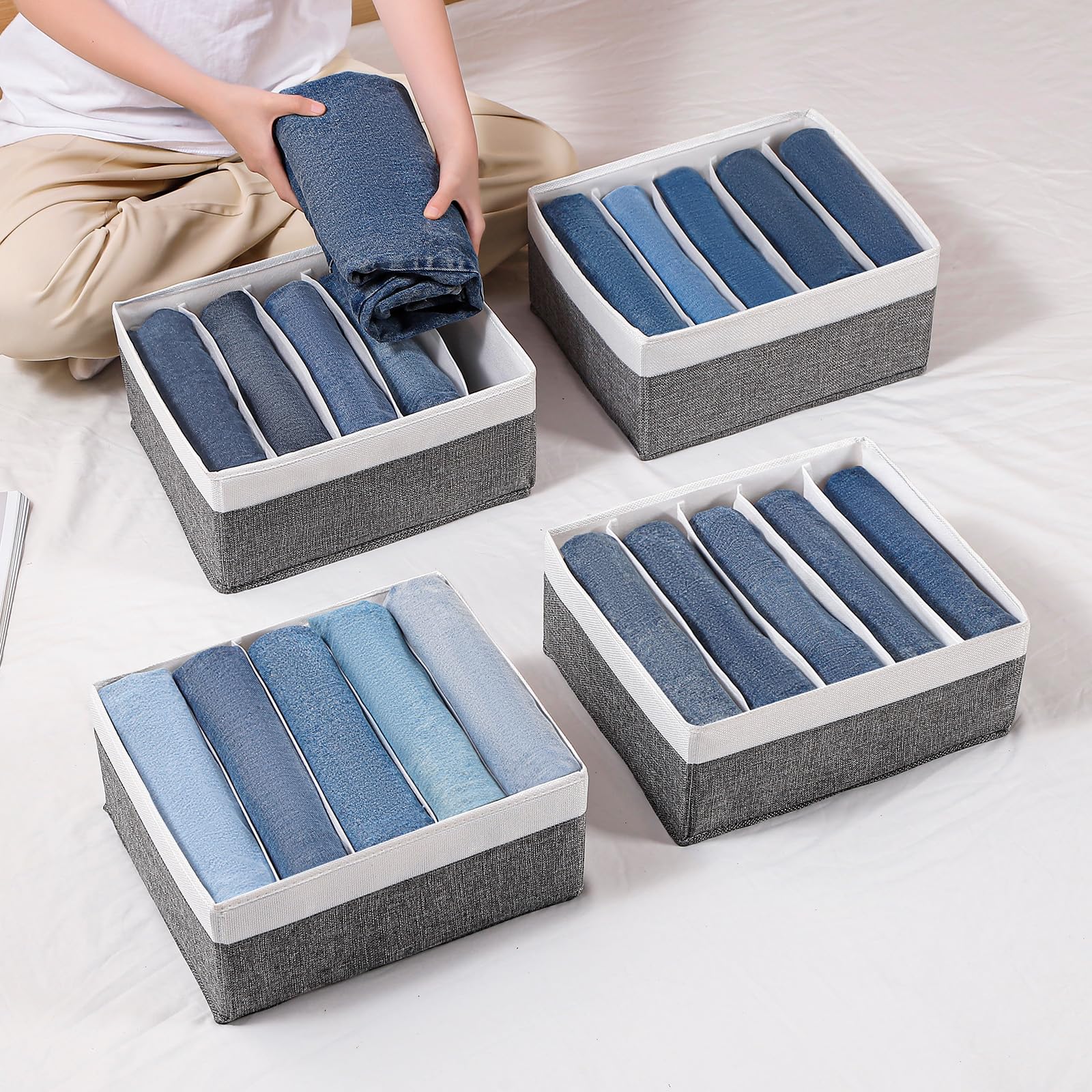 Organizador de cajones de jeans para ropa, caja de almacenamiento de 5 compartimentos, organizador de ropa lavable para jeans, pantalones, leggings, camisetas (gris y blanco)