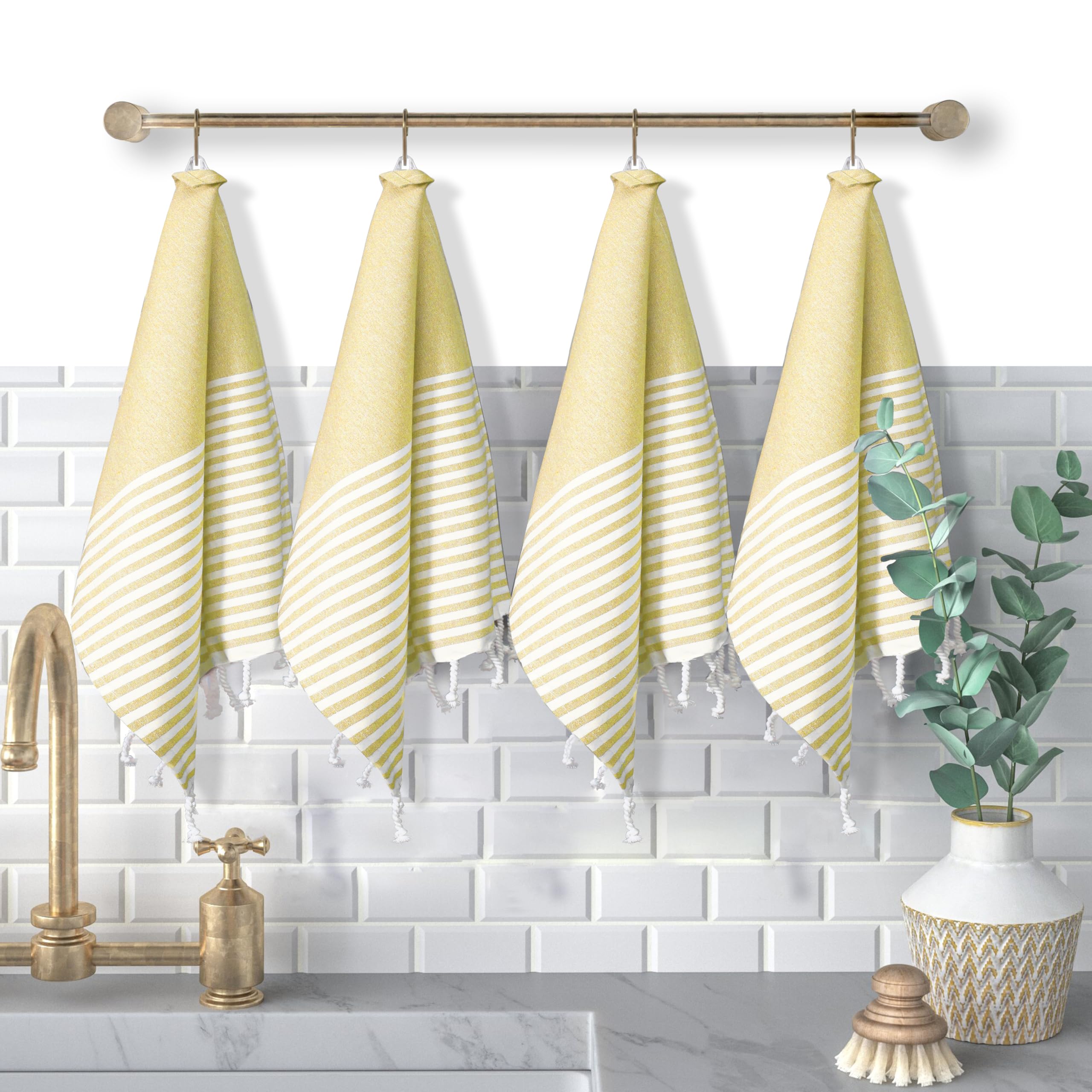 Turkish Kitchen Towels 18x26 Inches with Tassels - 4 Pack - Ultra Absorbent, Durable, Soft 100% Cotton Dish Towels for Drying &amp; Cleaning - Machine Washable, Quick-Dry - Lemon Yellow