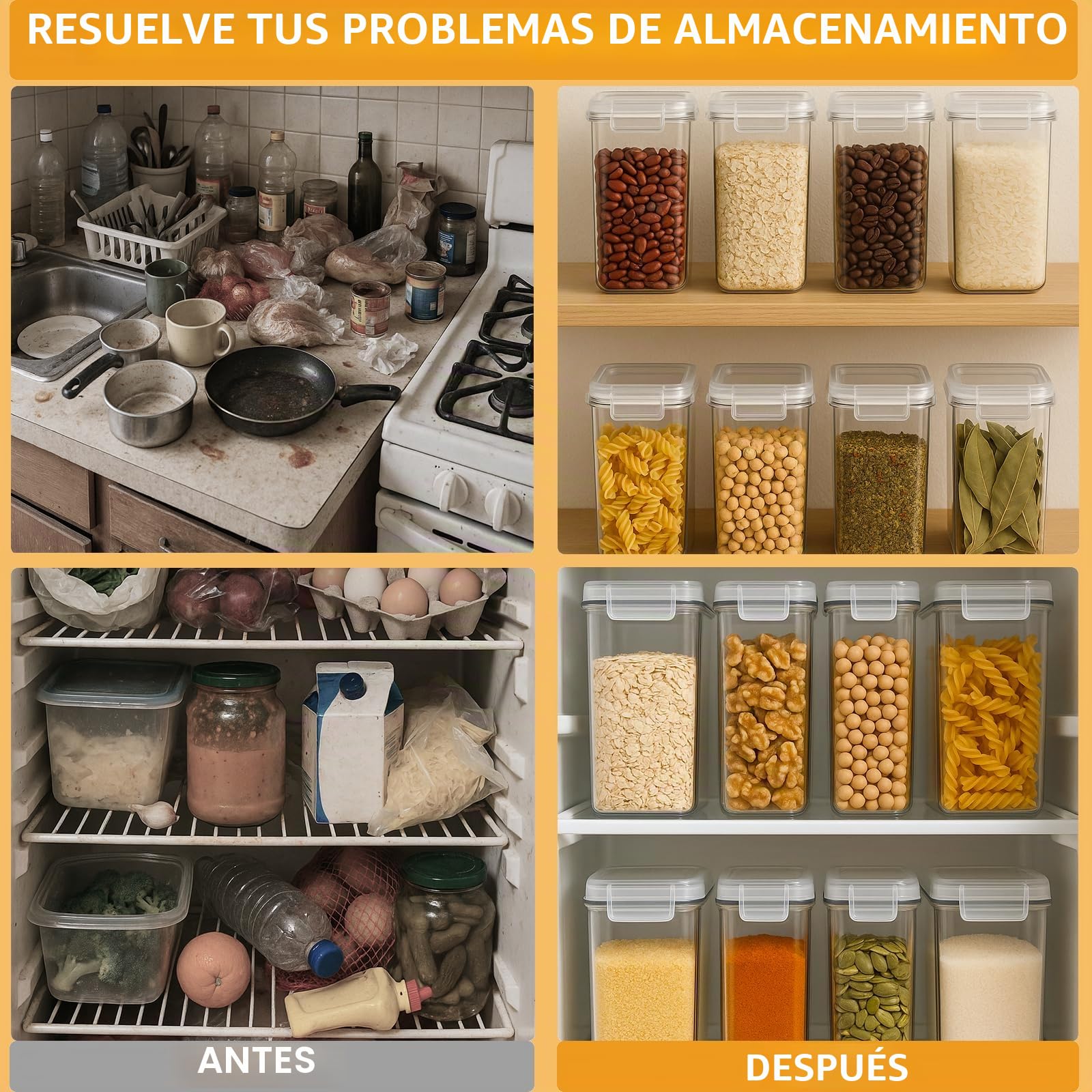 Contenedores de alimentos de 42 L con tapas herméticas, juego de organizadores de cocina, sin BPA, transparente, 24 piezas