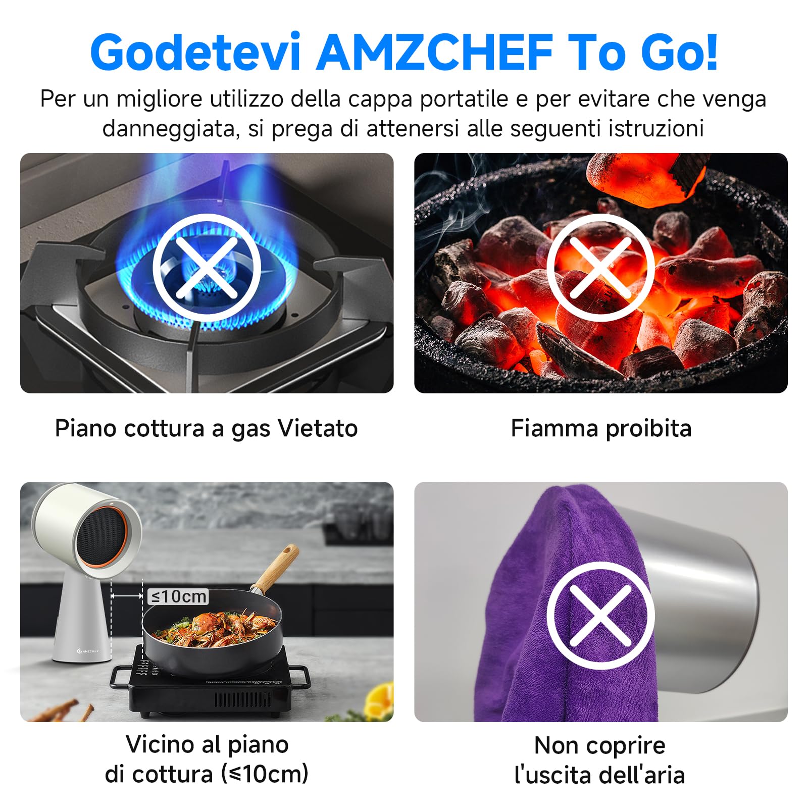 AMZCHEF Cappa Aspirante Portatile,Cappa Cucina con Ventola a 3 Velocità, Luce LED, Bassa Rumorosità, Aspirazione 120m³/h, Ventola da Cucina per Barbecue Indoor, Hot Pot, bianco