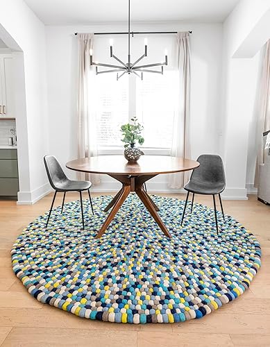 Unique Loom Felt Ball Collection Area Rug - Cloud (6' 1" Round Blue/Ivory)