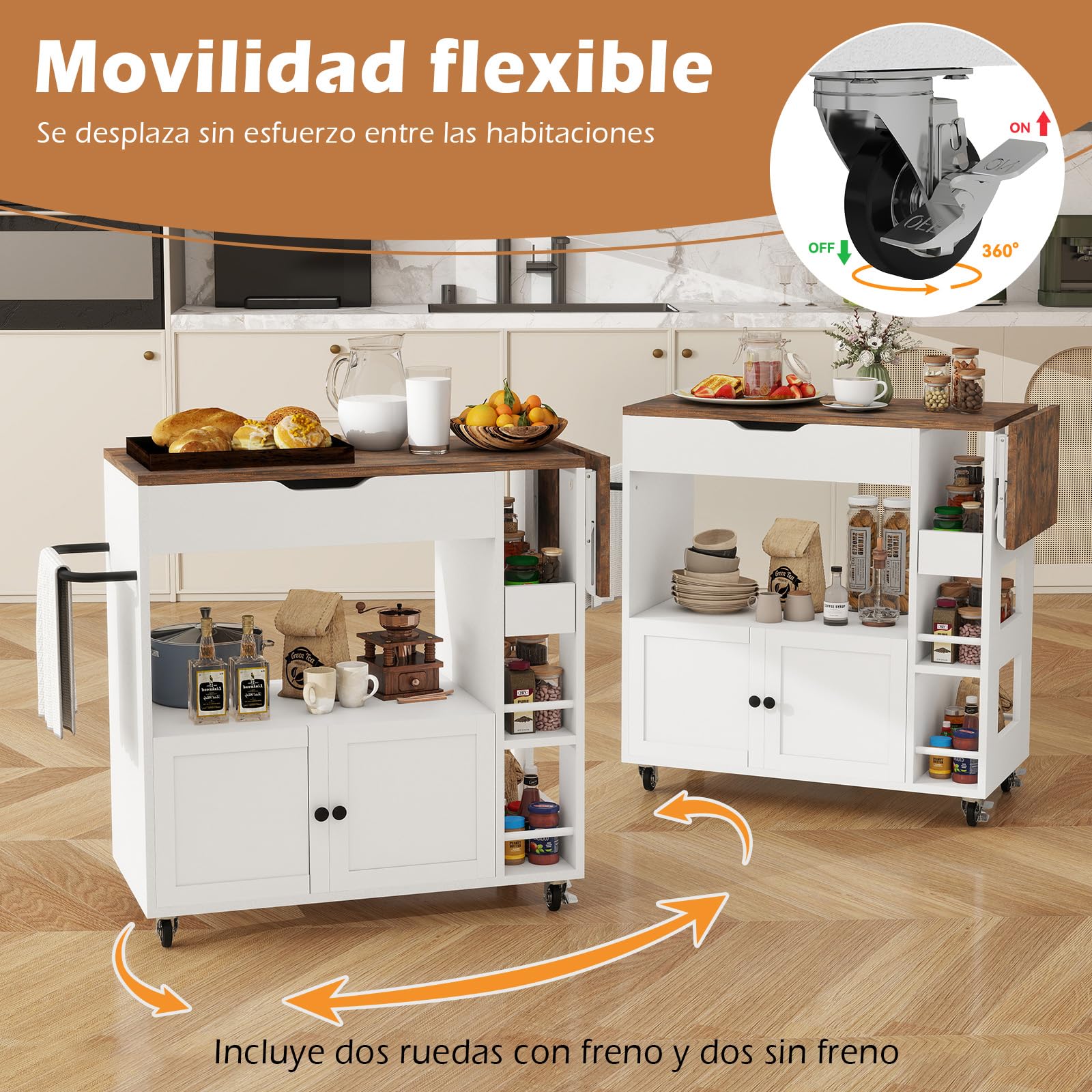 YU YUSING Isla de Cocina con Ruedas y Encimera Extensible, Carrito Cocina Compacto 104x40x89cm, Mueble Auxiliar de Cocina con 4 Estantes Abiertos, 2 Cajones, Puerta, Irador de Hierro, Cajón, Blanco