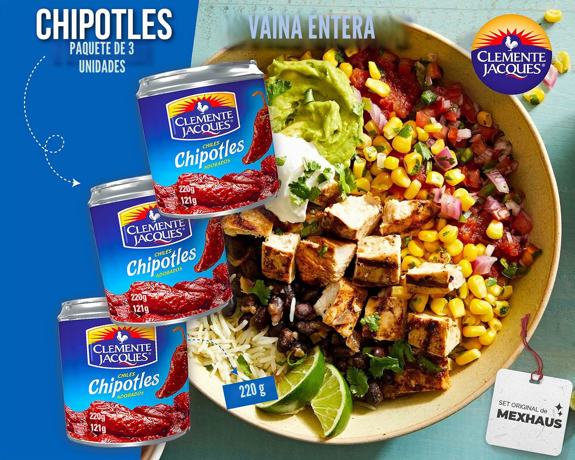 Chipotle Chili en salsa Adobo - Chipotle en Adobo de Clemente Jacques (Pack de 3) por 220 gr